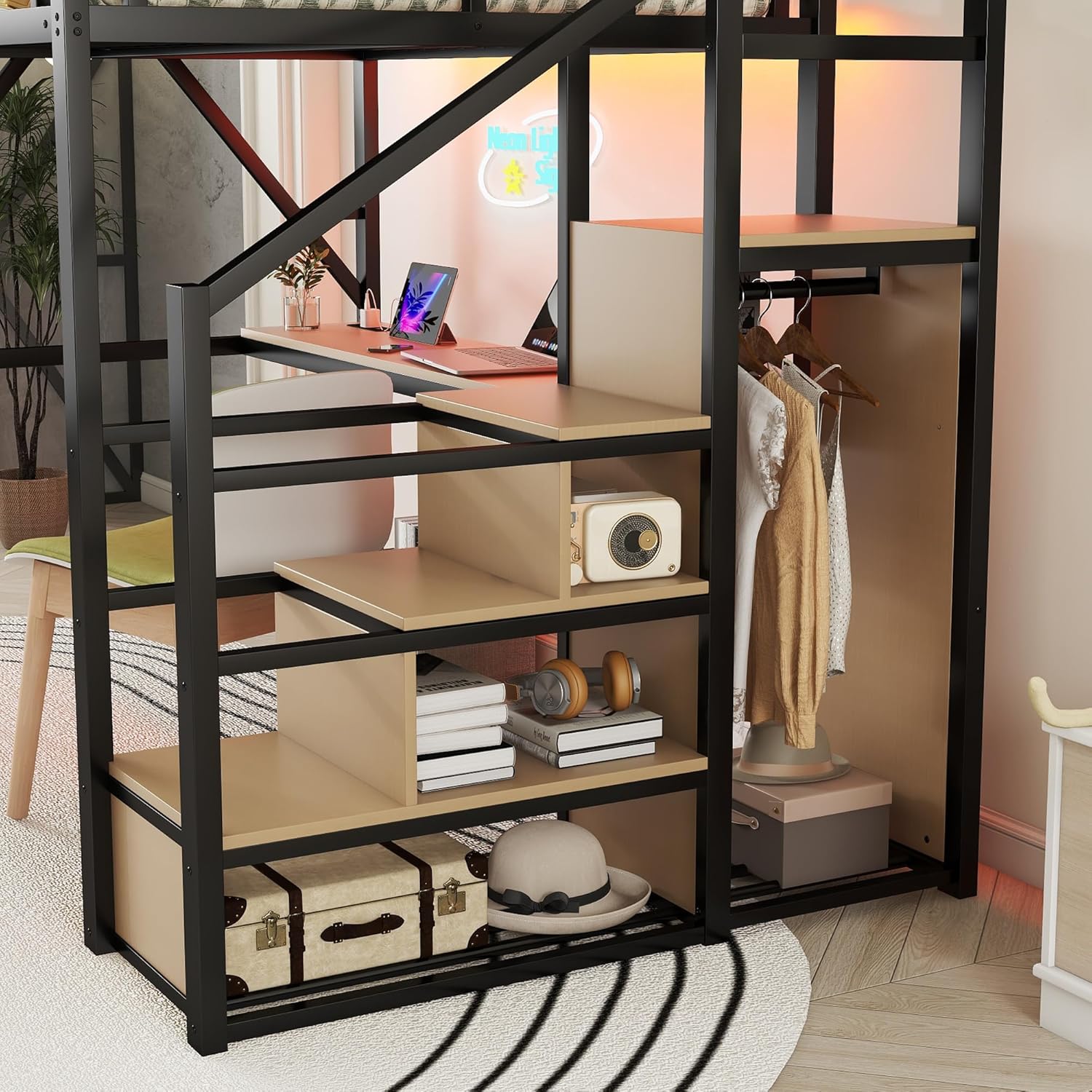 Full Loft Bed with Desk and Charging Station, Full Size Metal Loft Bed with Stairs and Light for Kids Teens, Black, Patent Products