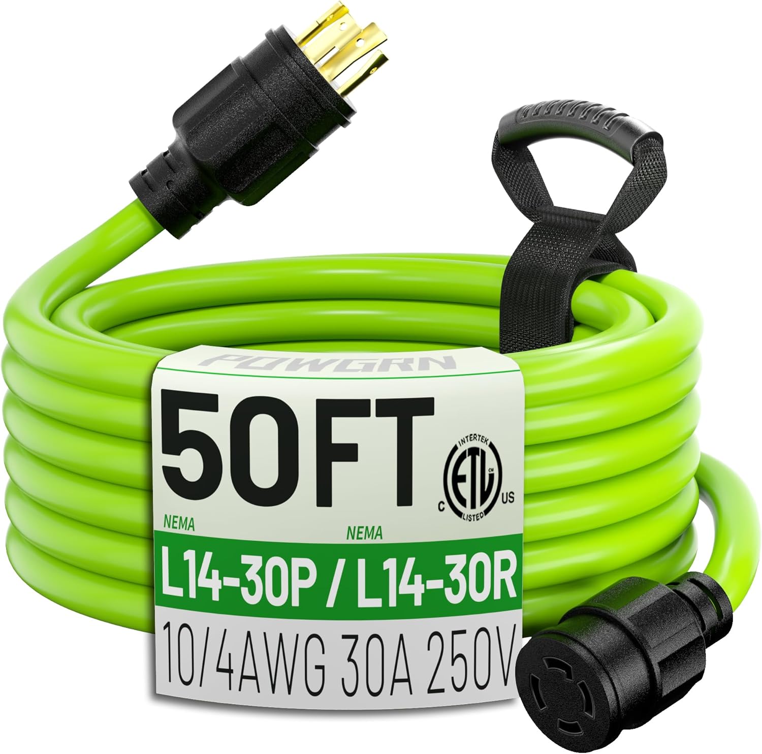 POWGRN 50Feet 30 Amp Generator Extension Cord 4 Prong,Heavy Duty NEMA L14-30P/L14-30R,125/250V 7500W,Green 10 Gauge STW Twist Locking Generator to House Power Cords with Cord Organizer,ETL Listed