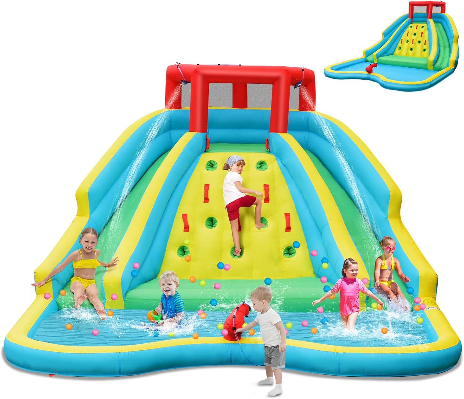 HONEY JOY Inflatable Water Slide, Giant Kids Water Park w/ 2 Long Slides & Climbing Wall, Water Hoses & Cannon, Large Splash Pool, Outdoor Blow Up Waterslides for Backyard(without Blower)