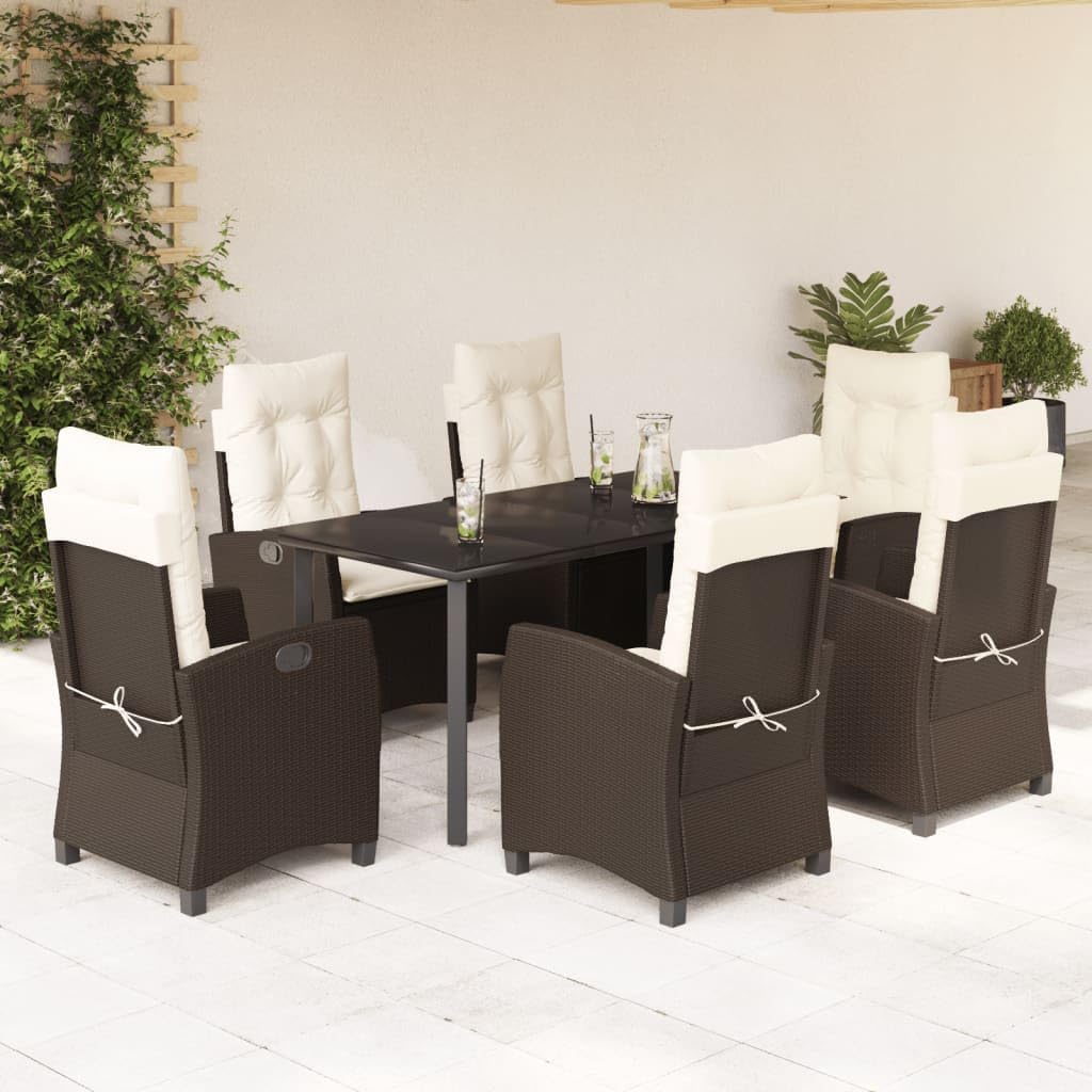 7 Piece Patio Dining Set with Cushions Brown Poly Rattan,Deluxe Garden Dining Set with Adjustable Backrest and Glass Tabletop for Outdoor Comfort Furniture Sets for Patio, Lawn & Garden