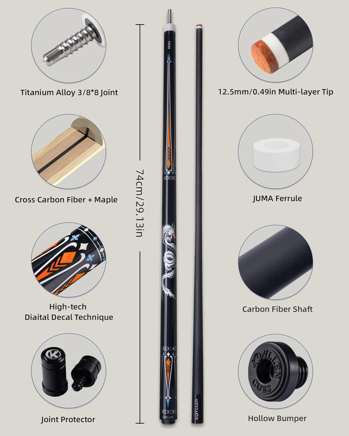 KONLLEN Carbon Fiber Pool Cue Stick 58-inch Professional Pool Sticks for Adults Full Carbon Technology Low Deflection Pool Cue Billiard Cues with 12.5mm Tip (Easy to Control, Pro Taper, Ultra-Smooth)