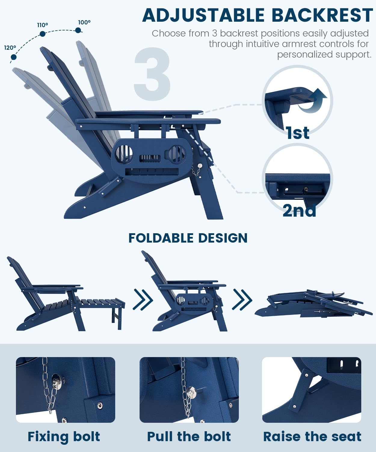 FOOWIN Folding Adjustable Adirondack Chair with Retractable Ottoman Set of 8, HDPE Adirondack Chair w/4 in 1 Cup Holder Trays,All-Weather Resistant Fire Pit Chair for Outdoor Patio Lawn, Navy Blue