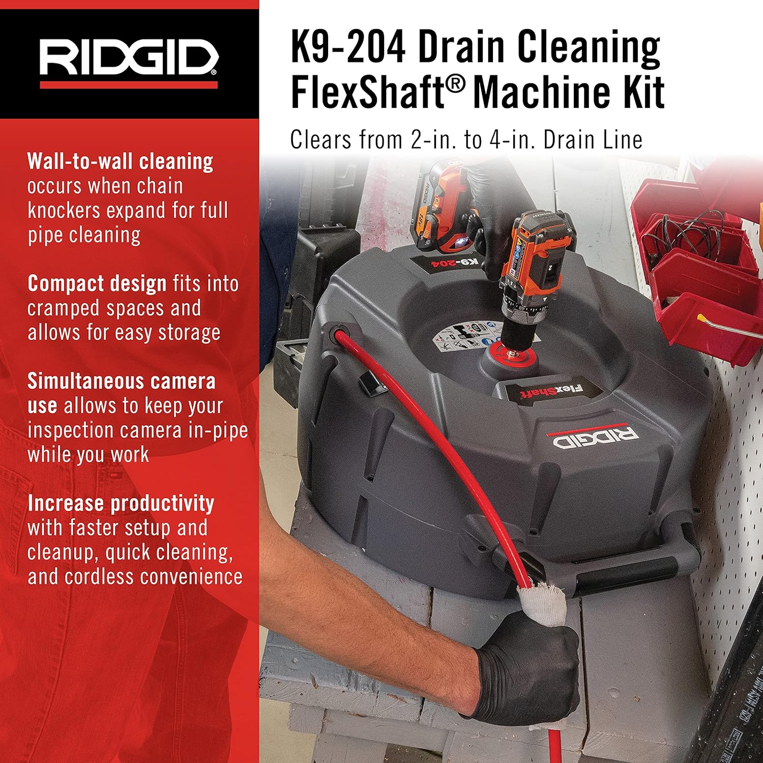 RIDGID 64273 Model K9-204 FlexShaft Drain Cleaning Machine Kit & K9-12 FlexShaft 1/4