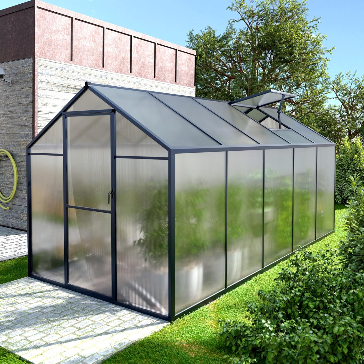 VEIKOU 6' x 10' Greenhouse, Upgraded Polycarbonate Green House with Vent, Aluminum Frame, Greenhouses for Outdoors for Yard, Garden, Hobby, Grey