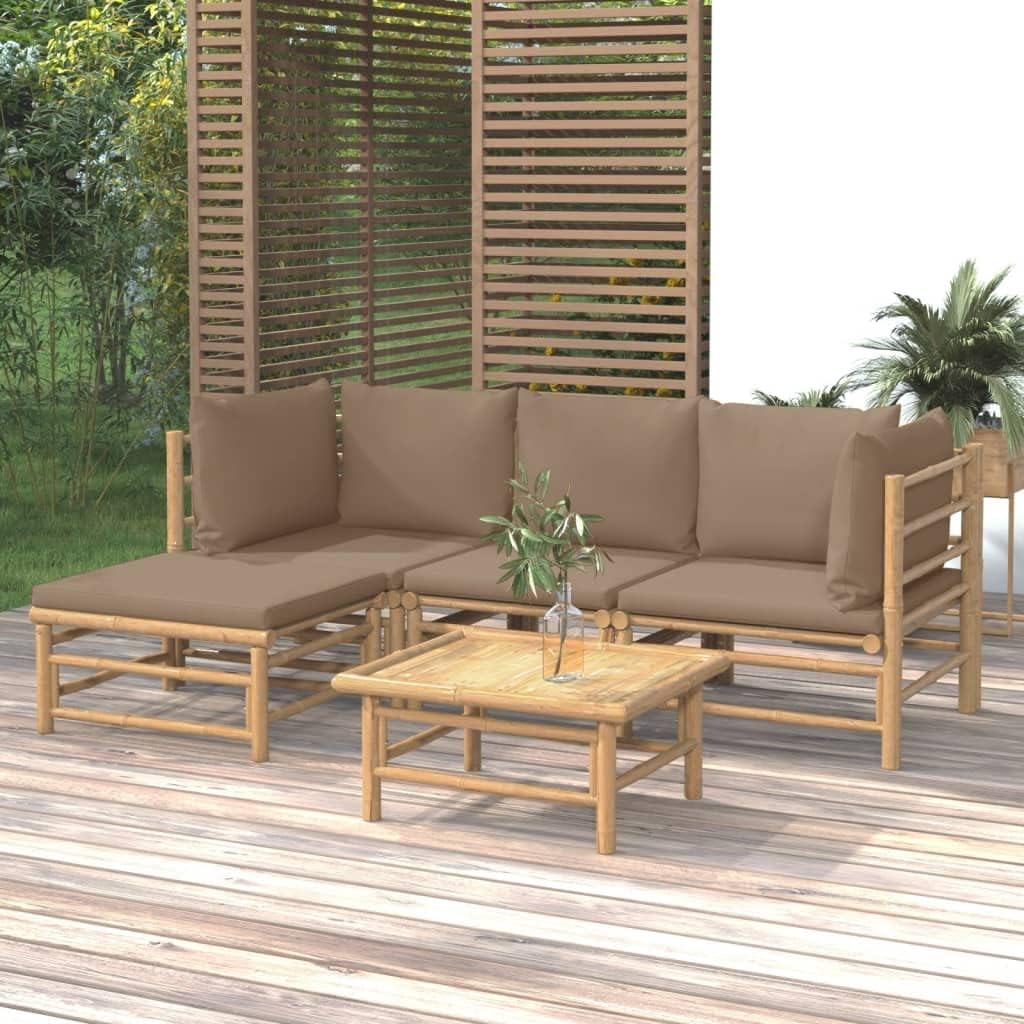 5 Piece Patio Lounge Set with Taupe Cushions Bamboo,Stylish Bamboo Lounge Set for Outdoor Relaxation and Comfort Patio Furniture Sets, Outdoor Furniture Sets