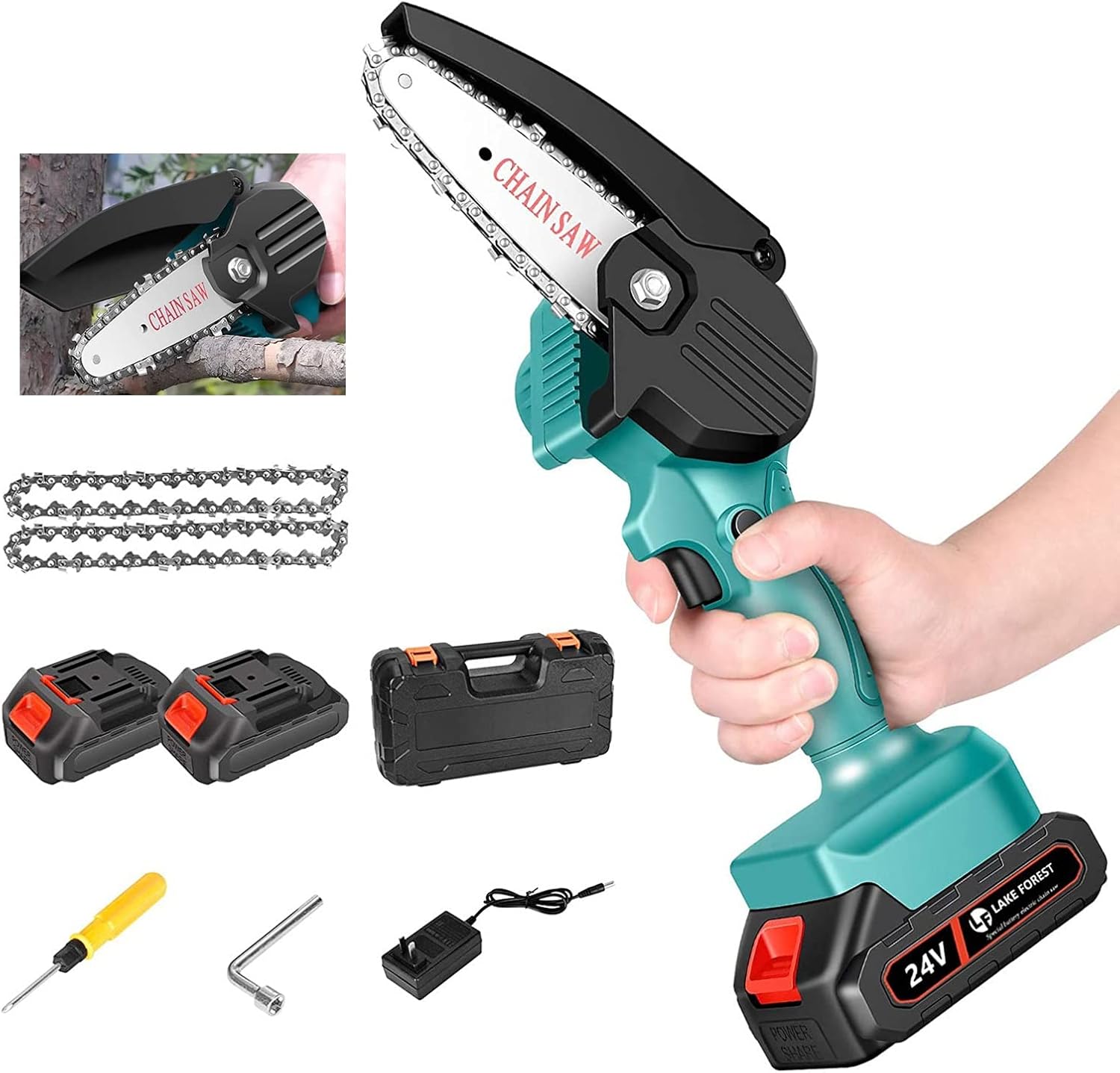 4 Inch Mini Chainsaw,24V 1.5Ah Cordless Power Chainsaw with Safety Lock,Electric Small Handheld Chain Saw Kit for Branch Wood Cutting Garden Tree Logging Trimming(2 Batteries and 2 Chains)