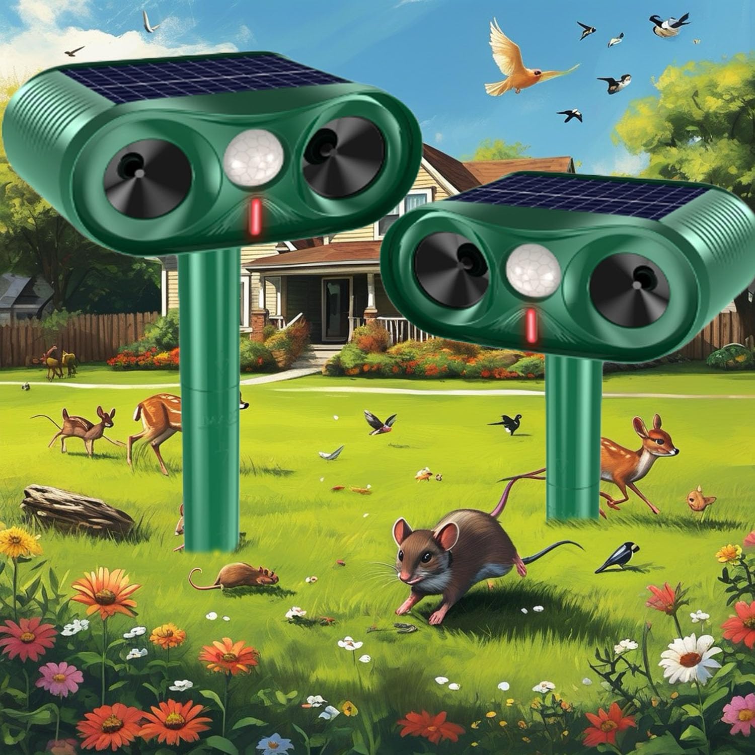 Cat Repellent Outdoor for Yard & Garden & Farm,Ultrasonic Animal Deterrent with Adjustable Sensitivity，Solar Pest Repellent, Racoon Squirrel Repellent Outdoor to Keep Unwanted Animals Away 2 Packs