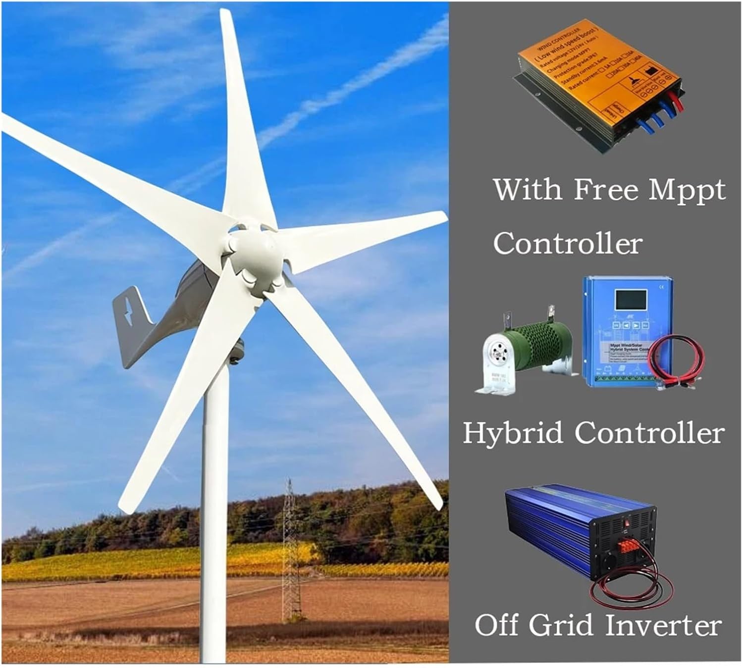 5000W Horizontal Wind Turbine Generator 5 Blades 48V 24V with MPPT Charger Controller Off Grid System for Home Use Low Starting Speed for Home(with Mppt Controller,48V)