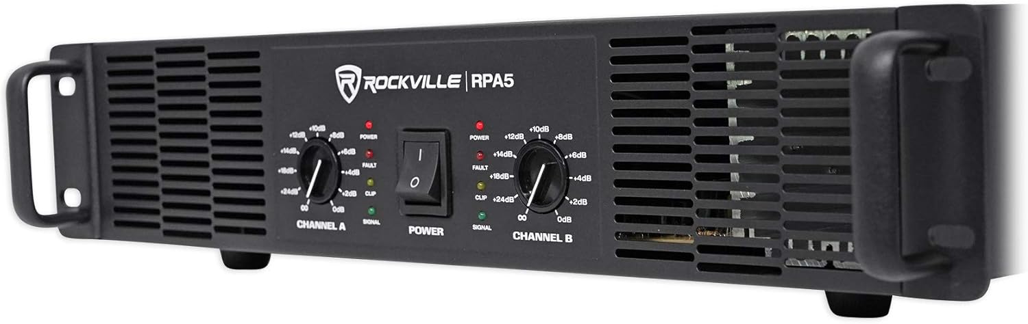 Rockville RPA5 2-Channel Power Amplifier, 200W RMS @ 4 Ohm, 1000W Peak, Stereo/Mono Switch, Built-in Crossover, for DJs, Live Sound, and Pro Audio