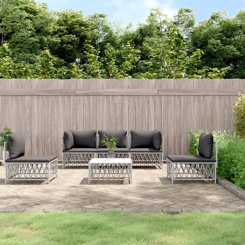 6 Piece Patio Lounge Set with Cushions White Steel,Ultimate Comfort: Woven Fabric Patio Lounge Set with PowderCoated Steel Frame and Dark Gray Cushions Patio Furniture Sets, Outdoor Furniture Sets