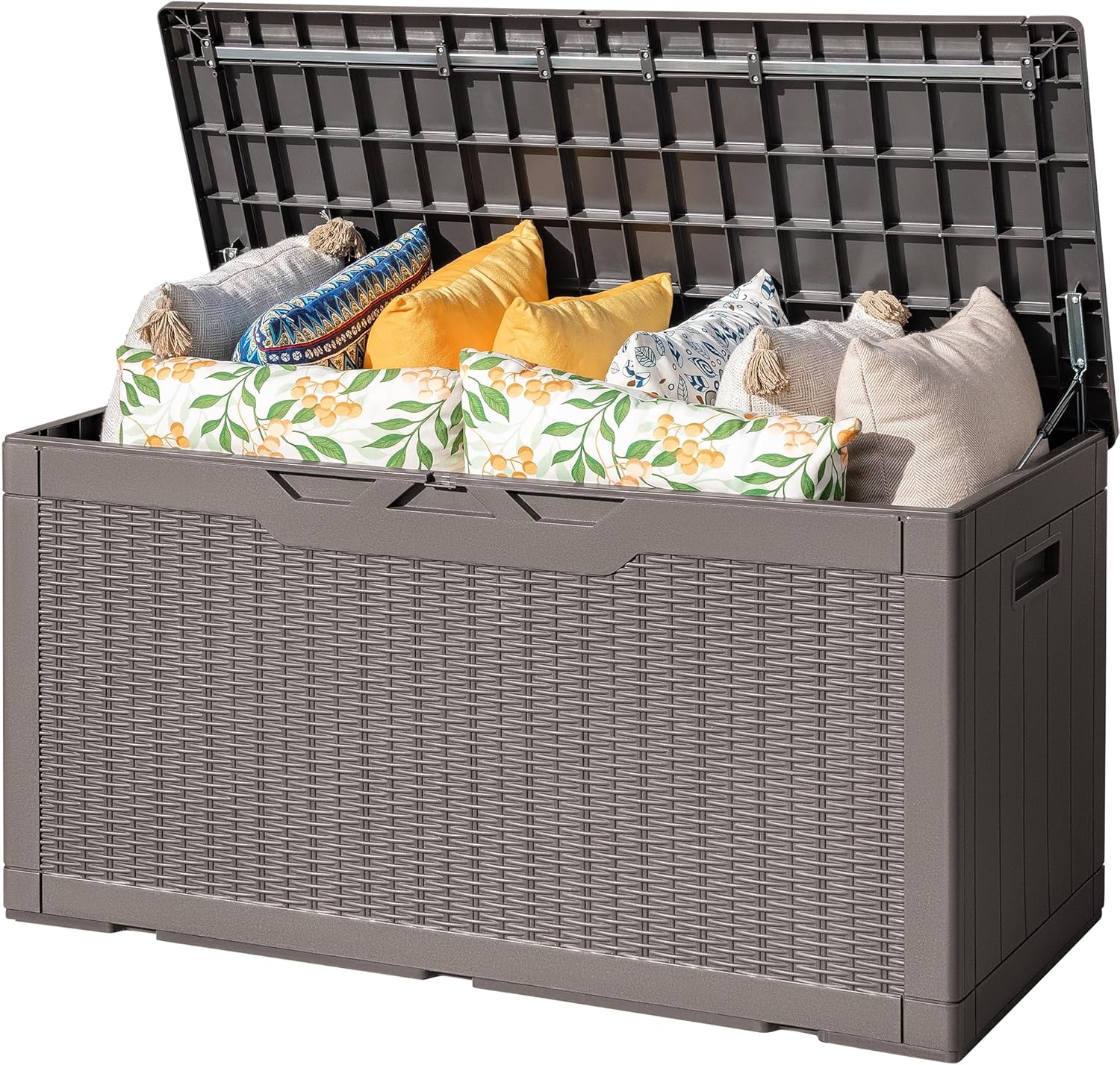 Flamaker Outdoor Storage Box 100 Gallon Waterproof Resin Deck Box Delivery Box with Air Rod Indoor Outdoor Lockable Storage Bench for Patio Cushions, Tools, Pool Accessories (Brown)