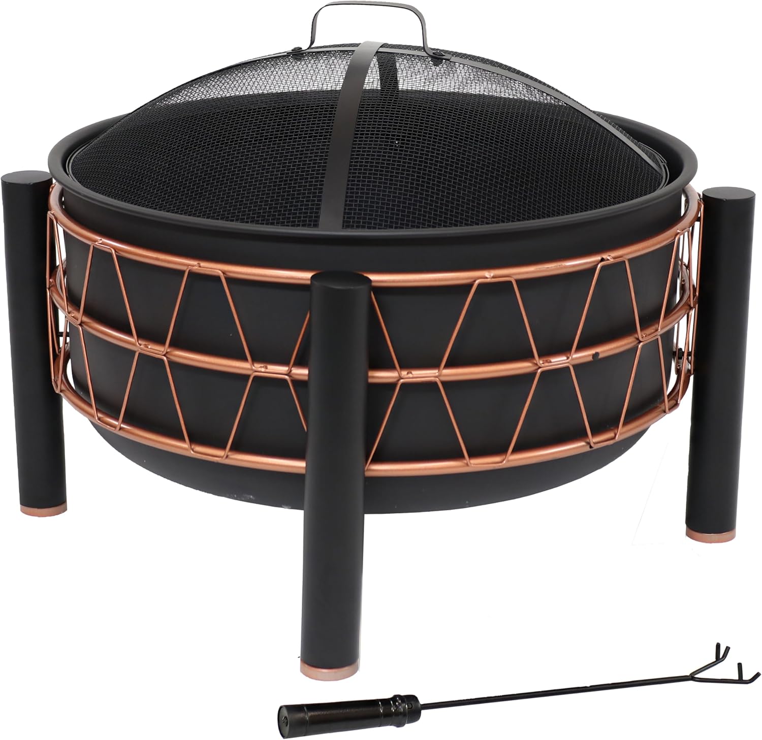 Sunnydaze 24.5-Inch Black Steel Wood-Burning Fire Pit with Copper-Colored Trapezoid Pattern - Includes Protective PVC Cover