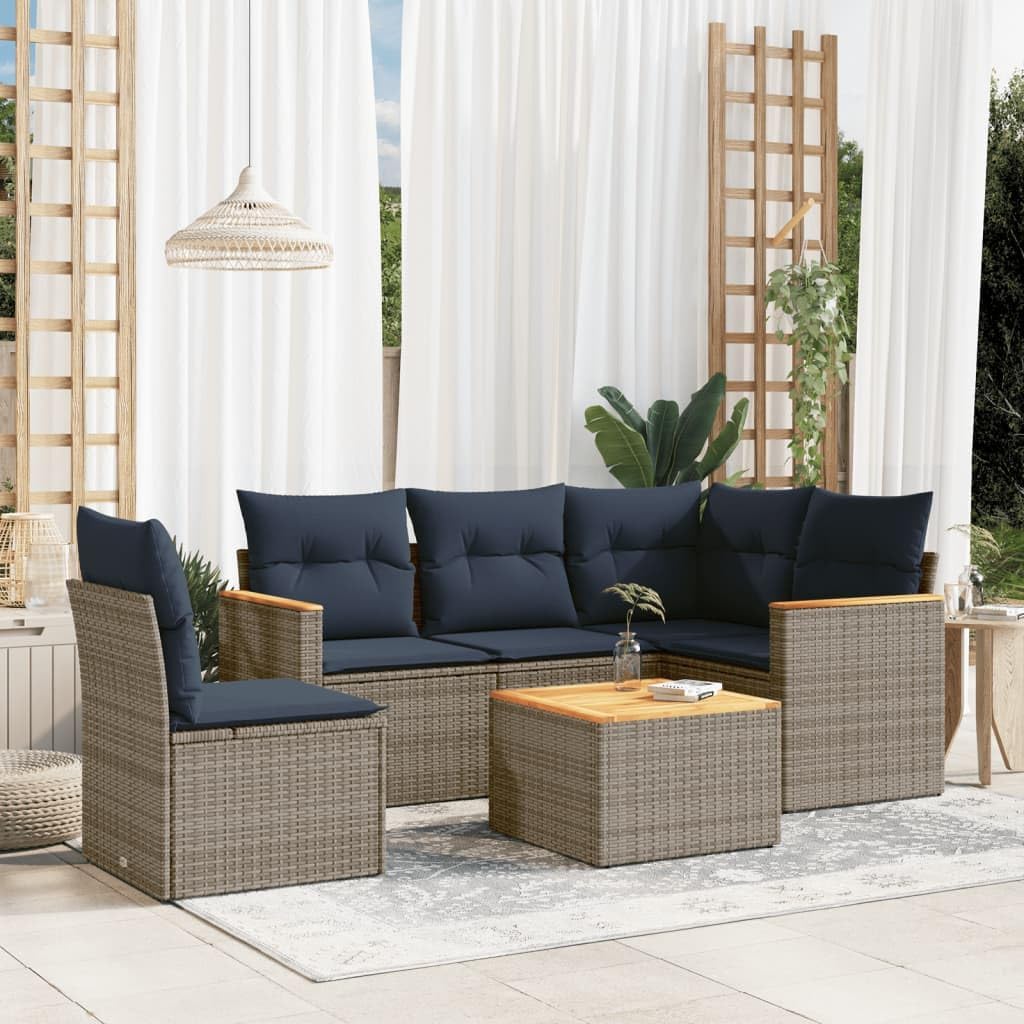 6 Piece Garden Sofa Set, Grey Poly Rattan Outdoor Furniture with Cushions, Modular Design Patio Dining Seating for Balcony, Weather-Resistant