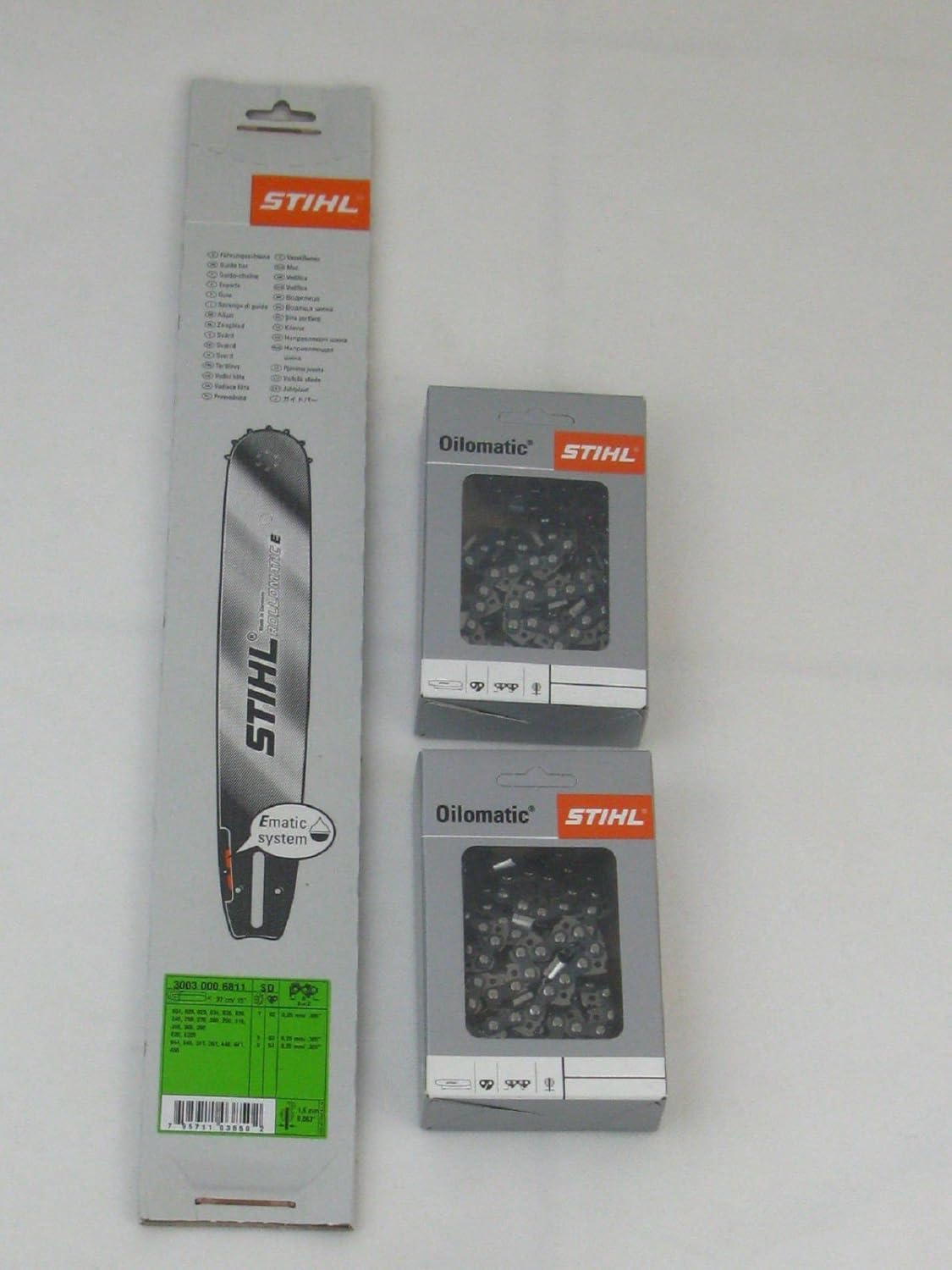 STIHL Guide rail Rollomatic E, 37 cm, 1.6 mm, .325 inch (3003 000 6811) + 2x Stihl Oilomatic saw chain .325 inch Rapid Super with 1.6 mm drive link thickness - 37 cm (3639 000 0062).
