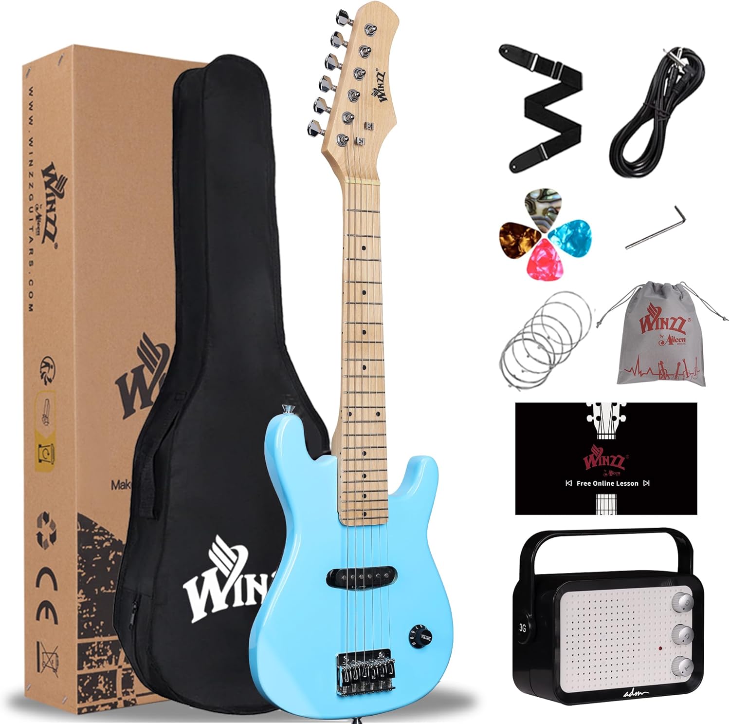 WINZZ EGM100 30 Inches Real Kids Electric Guitar with Beginner Kit, Right Handed (Light Blue)