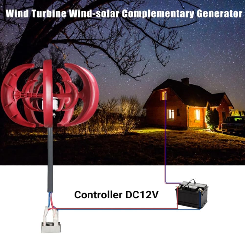 Red,12V,HYZHANHONG 220V Wind Turbine Generators Kit, 2000W Lantern Wind Turbine Generator, 5-Blade Vertical Axis Wind Turbine Generator with Controller (12V,24V,48V)