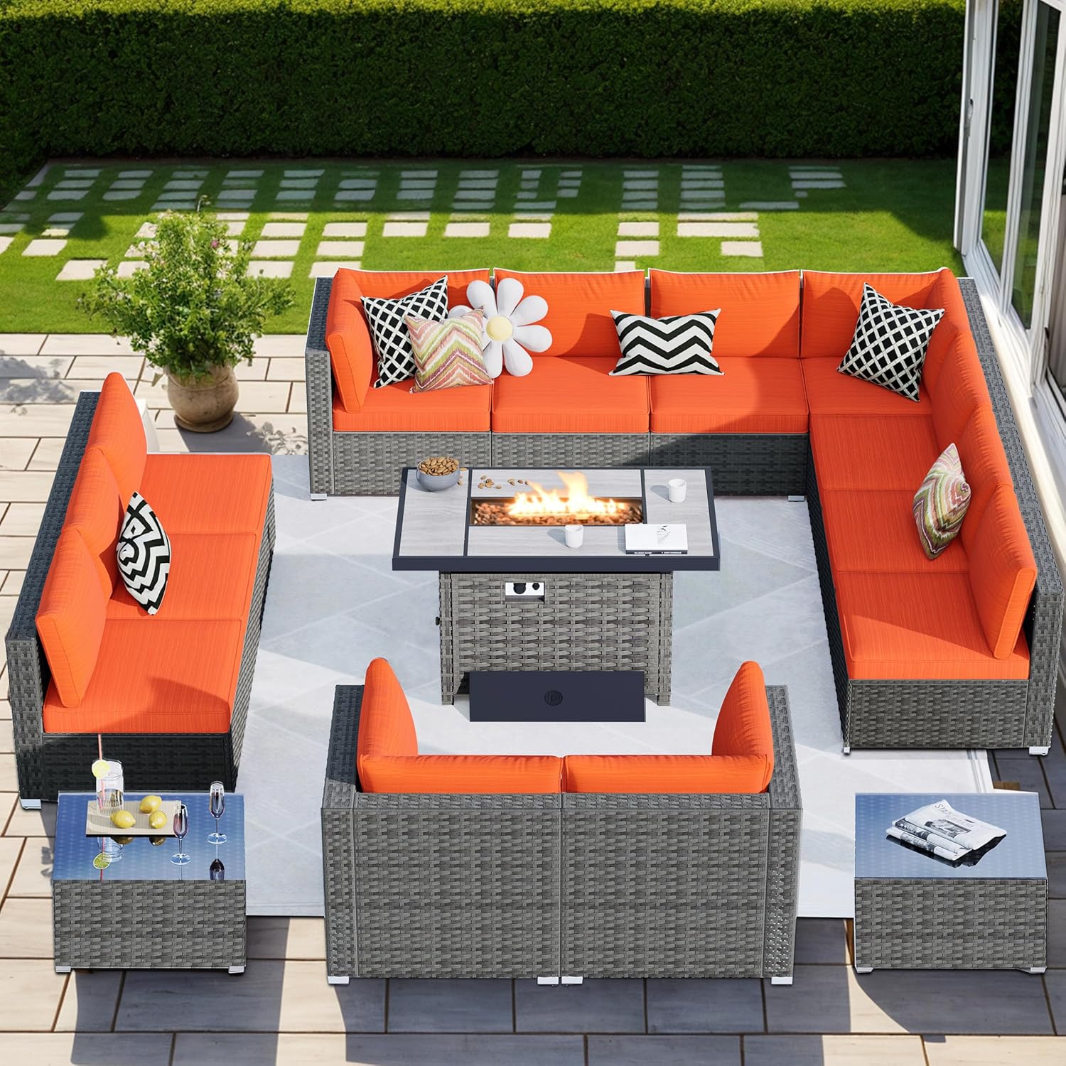 HOOOWOOO Outdoor Patio Furniture Set,15 Pieces Outdoor Sectional Furniture,Wicker Patio Conversation Sets with Fire Pit Tables,Weather Resistant Outside Out Door Modular Furniture,Orange Red