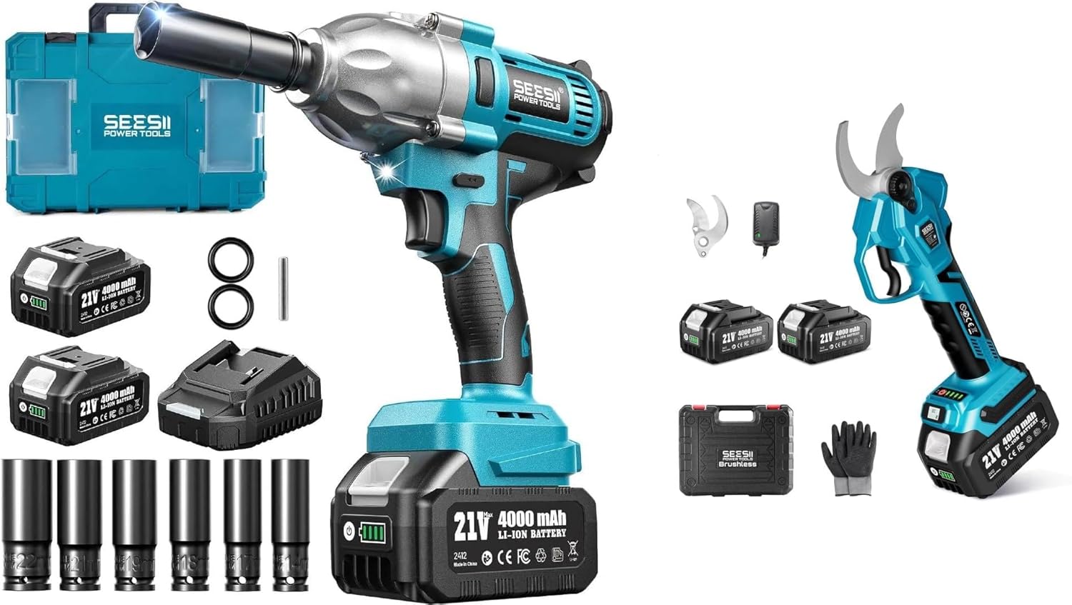 Seesii Impact Wrench 665 FT-LBS 3300IPM 1/2 Impact Gun High Torque & Electric Pruning Shears Cordless