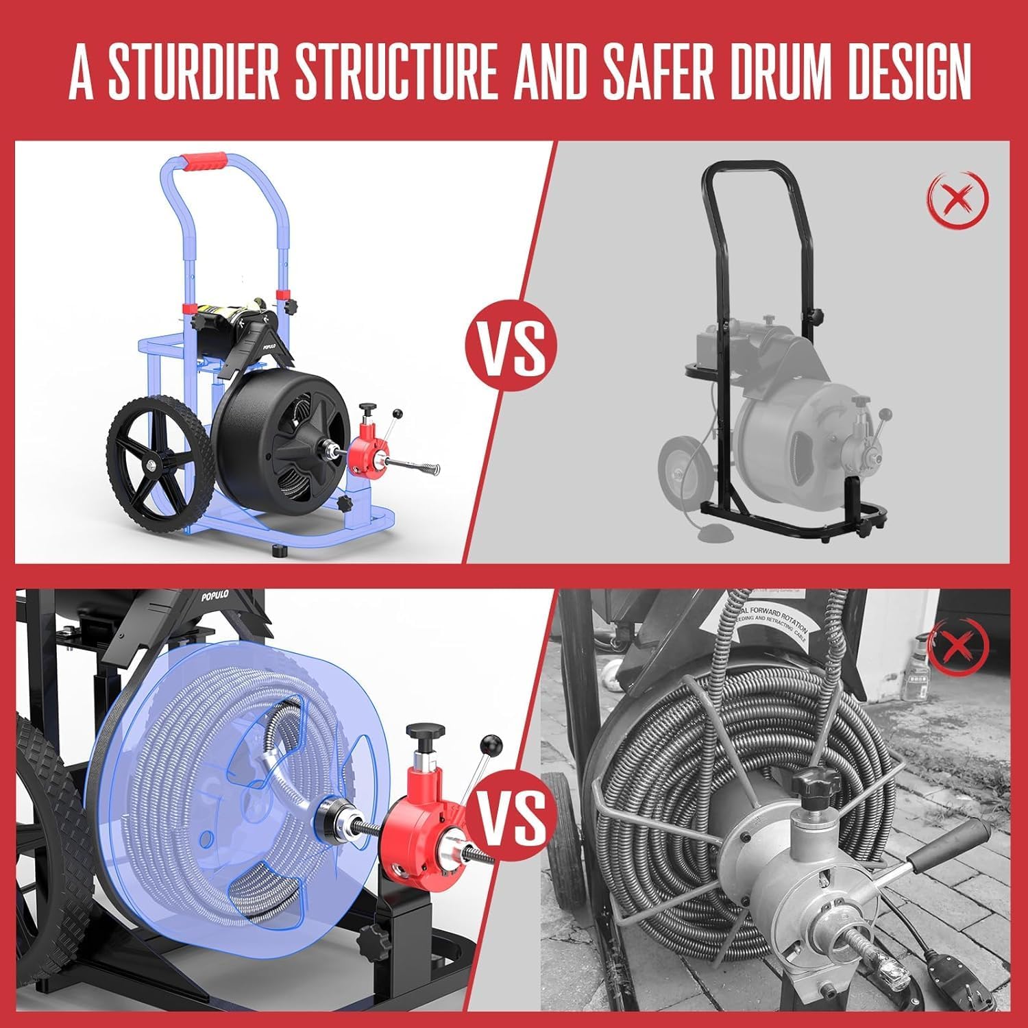 POPULO Drain Cleaner Machine 100Ft x 3/8 Inch, Auto feed Sewer Snake Auger on Wheels, Electric Drain Auger Professional for 1.5 to 3 Inch Pipes & Foot Switch with 8 Cutters