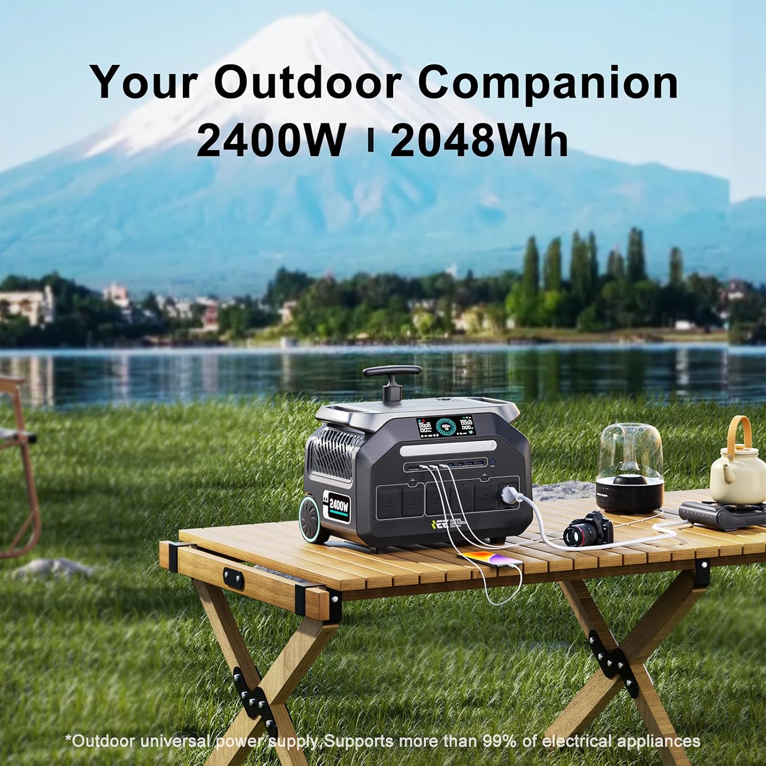 IEE P2400 Solar Generator with 2×200W Solar Panel, 2048Wh LiFePO4 (LFP) Battery Power Station 2400W AC Outlets (5000W Peak), 1800W AC Charging for Home Backup, Camping, RV, Emergencies