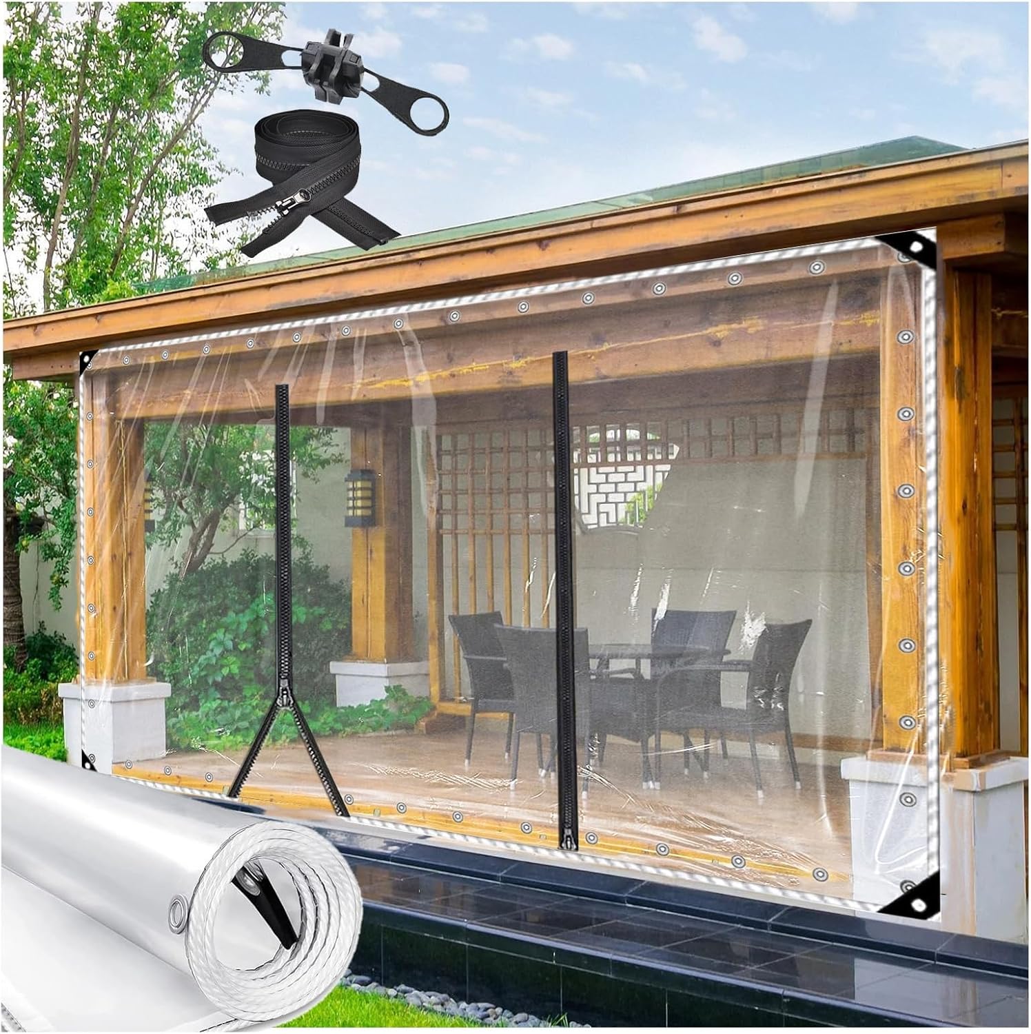 Clear tarp Curtains with Zip Door,Clear Tarps Heavy Duty Waterproof,Poly Tarpaulin Outdoor Garden Rainproof Covering, for Patio,for Covering Henhouse Porch Canopy(H3xW10m/H9.8xW32.8ft)