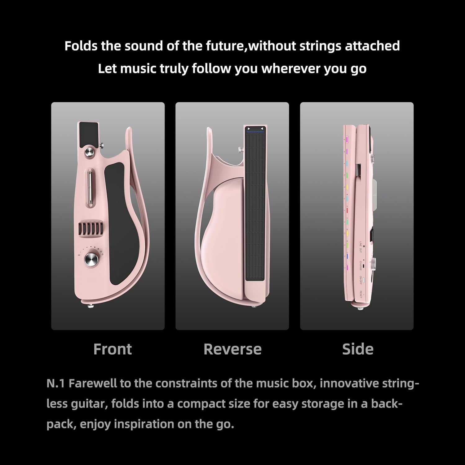 Smart Guitar, Stringless Guitar with App Control, Foldable Electric Guitar, Built-in Drum Machine & Speakers, Headphone Jack for Silent Practice, for Beginners (Pink)