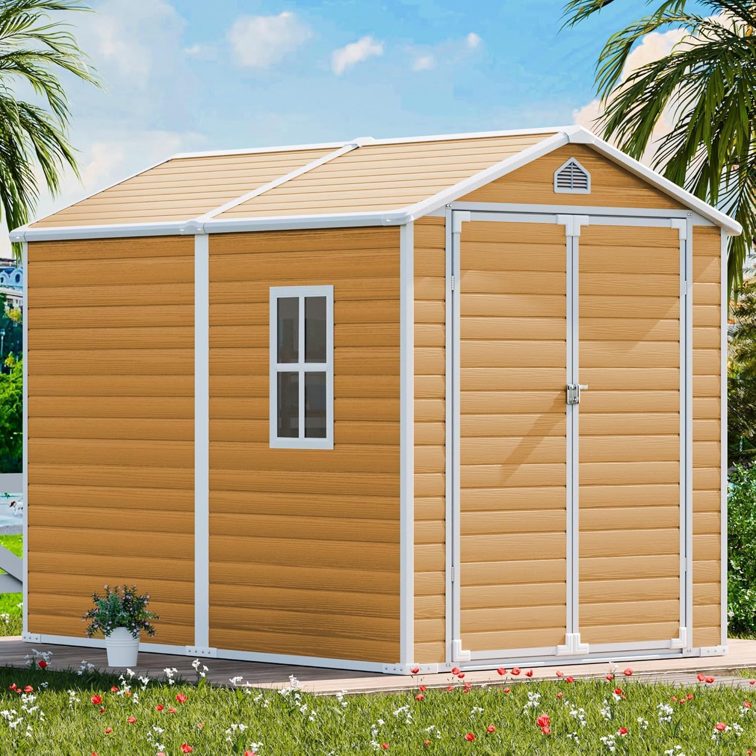 CDCASA 8x6 FT Resin Shed, Waterproof Large Outdoor Storage Shed with Floor Included & Vents, Outside Plastic Tool Shed for Garden Patio Poolside Lawn, Wood-Like Brown