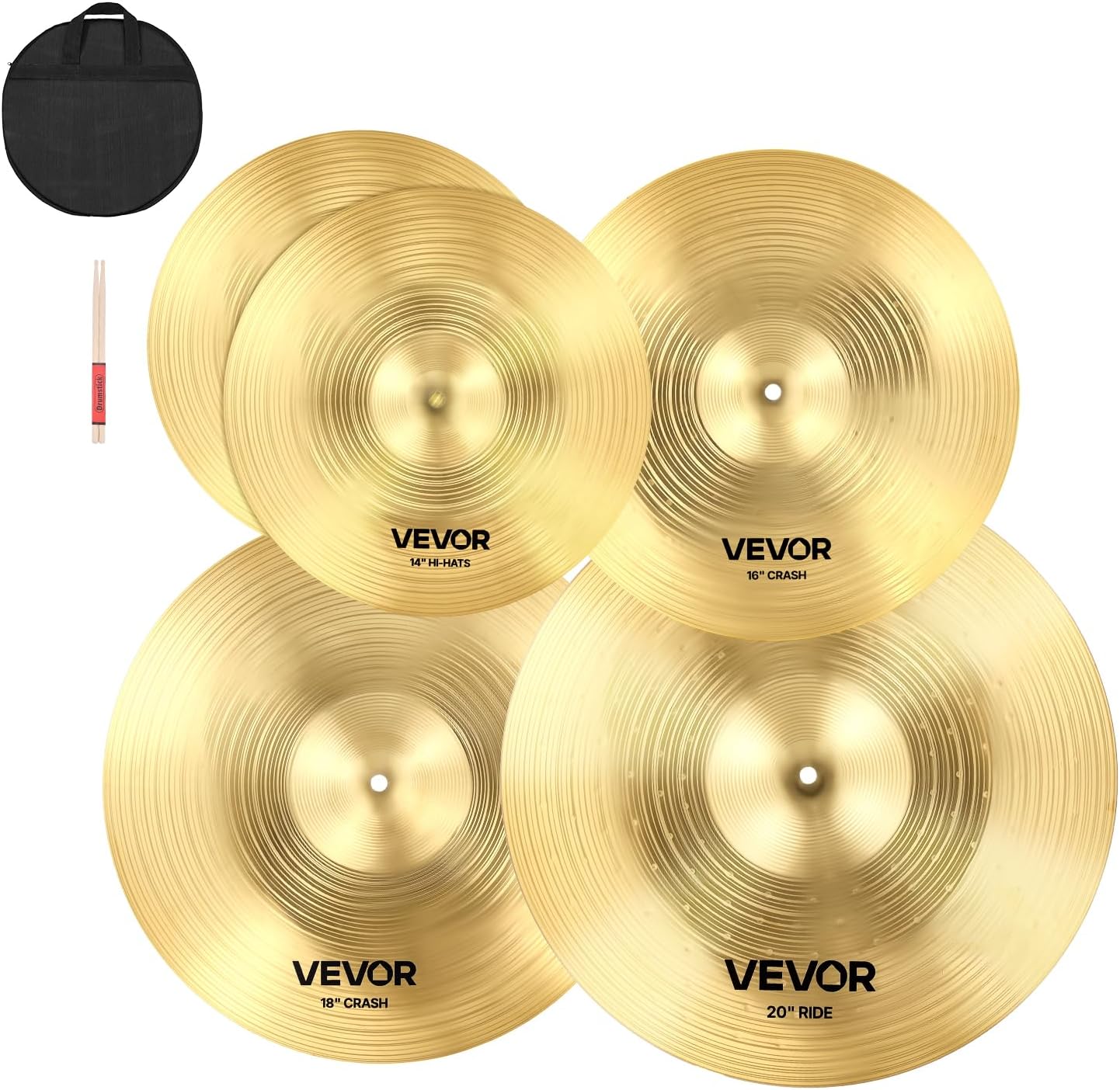 VEVOR Cymbal Pack, 5 Pieces Cymbals for Drum Set, Alloy Cymbals Drum Set Includes 14-inch Hi-Hats, 16-inch Crash, 18-inch Crash, 20-inch Ride, Drumsticks & Cymbal Bag, Alloy Cymbal Pack for Drummer