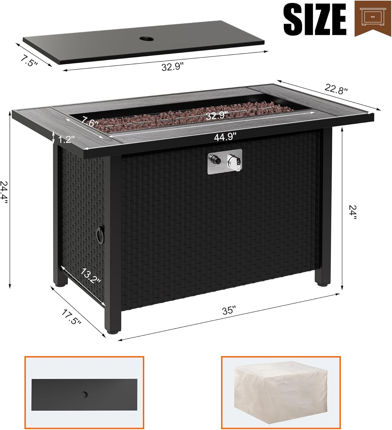 Shintenchi 45 Inch Outdoor Propane Fire Pit 50,000 BTU Gas Fire Pit Table with Lid, Lava Rock, Waterproof Cover, Rectangle Gas Firepit Table for Garden/Patio, CSA Certification