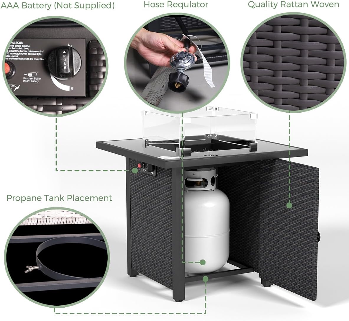 28 Inch Propane Fire Pit Table, Rattan Wicker Look, 50000 BTU Gas Firepits Tempered Glass Tabletop with Glass Windscreen Protector for Outside Patio and Garden(Coffee)