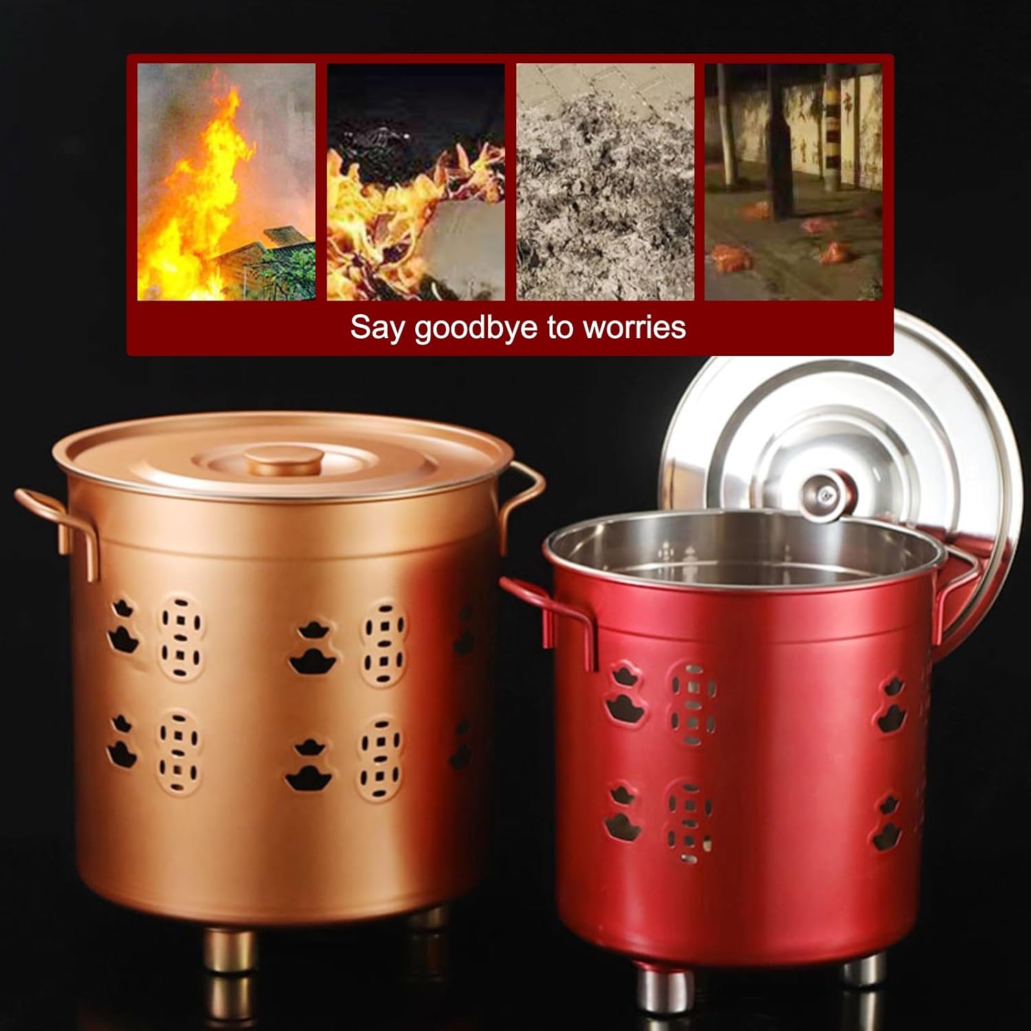 Incinerator, Stainless Steel Burn Barrel, Burn Cage with Lid, Metal Fire Pit with Handle, Trash Burning Barrels for Outside(Gold,26cm/10in)