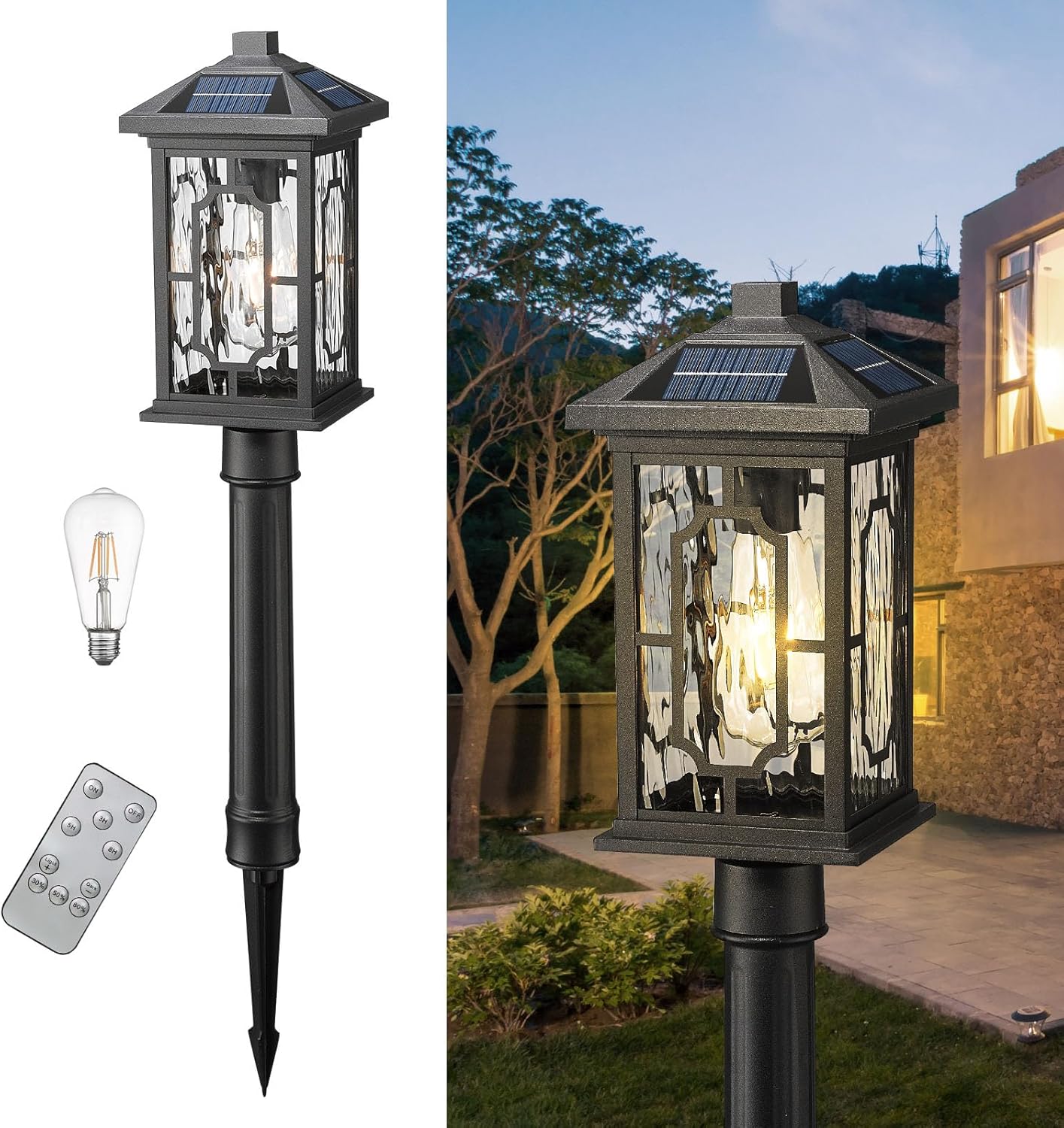 Solar Post Lights, Outdoor Waterproof Solar Pathway Lights Outside Auto On/Off Garden Lighting Fixtures Stake Dusk to Dawn for Lawn Path Walkway Driveway, Ground Plug, Remote Control