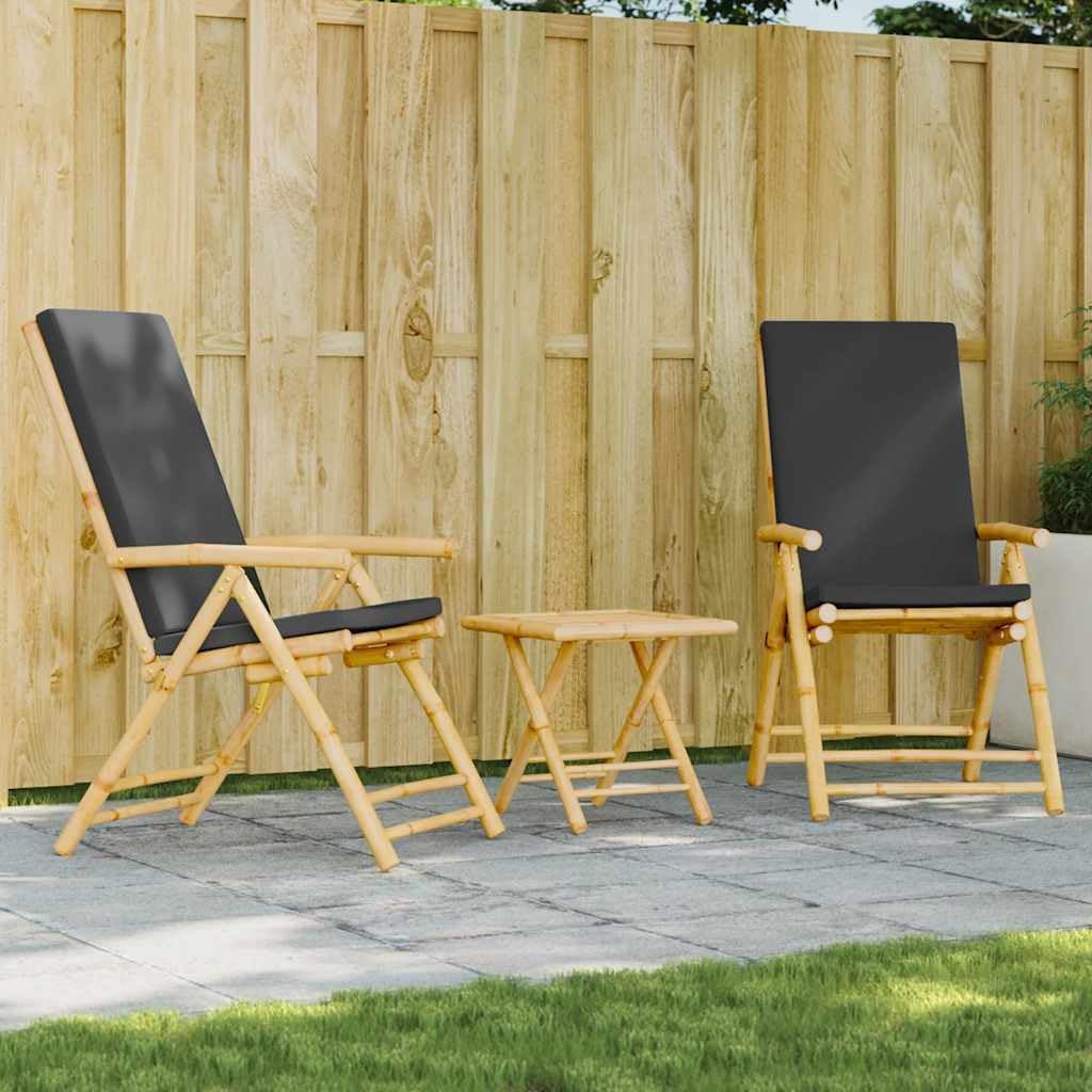 3 Piece Folding Bistro Set with Dark Gray Cushions Bamboo Garden Furniture