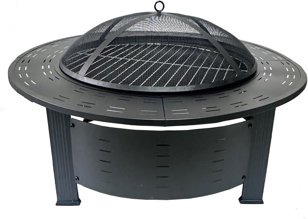 Outdoor Fire Pit Table, Black, Steel, 93.5x53cm, Round Smokeless Charcoal Grill, Portable Patio Heater with Spark Cover, Log Grate, Poker, Weather Cover