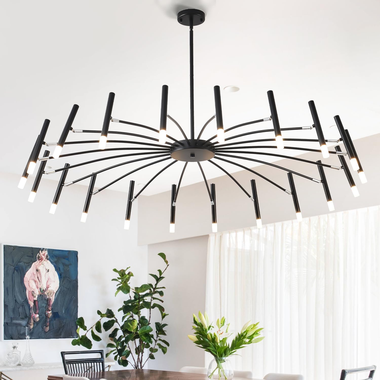 Sputnik Chandelier 20-Light Modern with G9 Bulbs, 53 Inch Adjustable Dimmable Ceiling Light Fixture for Dining Room, Foyer, Living Room - Black Wrought Iron Design