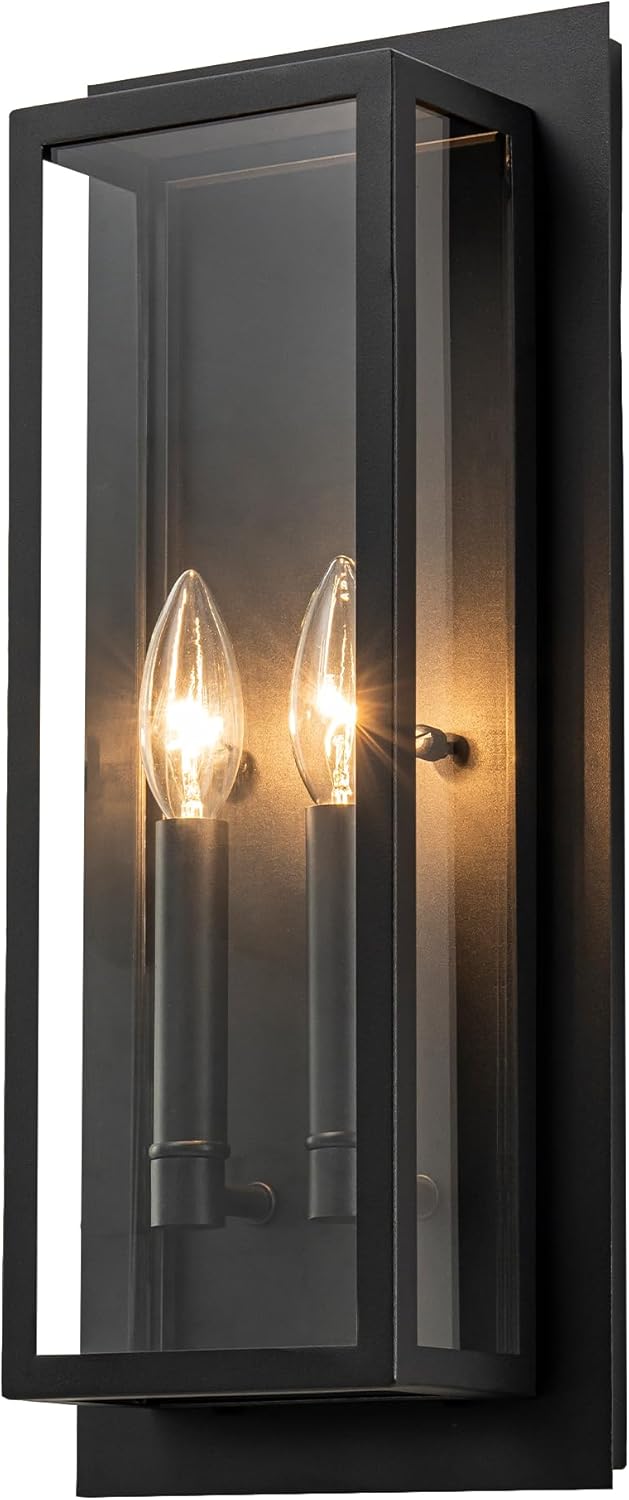 Modern Outdoor Wall Sconce, Black Large Exterior Porch Lights Fixture Wall Mount, Outside Patio Wall Lights Fixture with Black 2-Light Candelabra for House, Yard