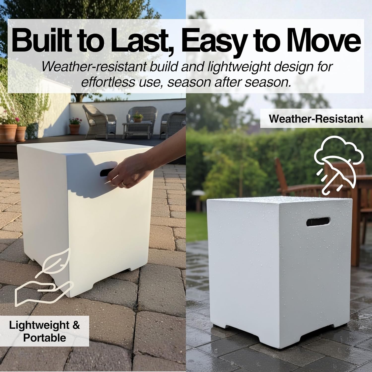 Propane Tank Cover 20 lb White Concrete Outdoor Table Storage Hideaway for Fire Pits, Patio, Garden, Deck - Lightweight MgO Composite Side Table with Handles & Hose Hole