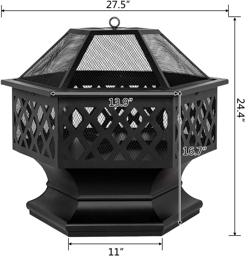 Fire Pits 27in Hexagonal Metal Fire Bowl Outdoor Firepit Backyard Patio Wood Burning Fireplace with Mesh Screen Cover Poker for Camping Picnic Bonfire