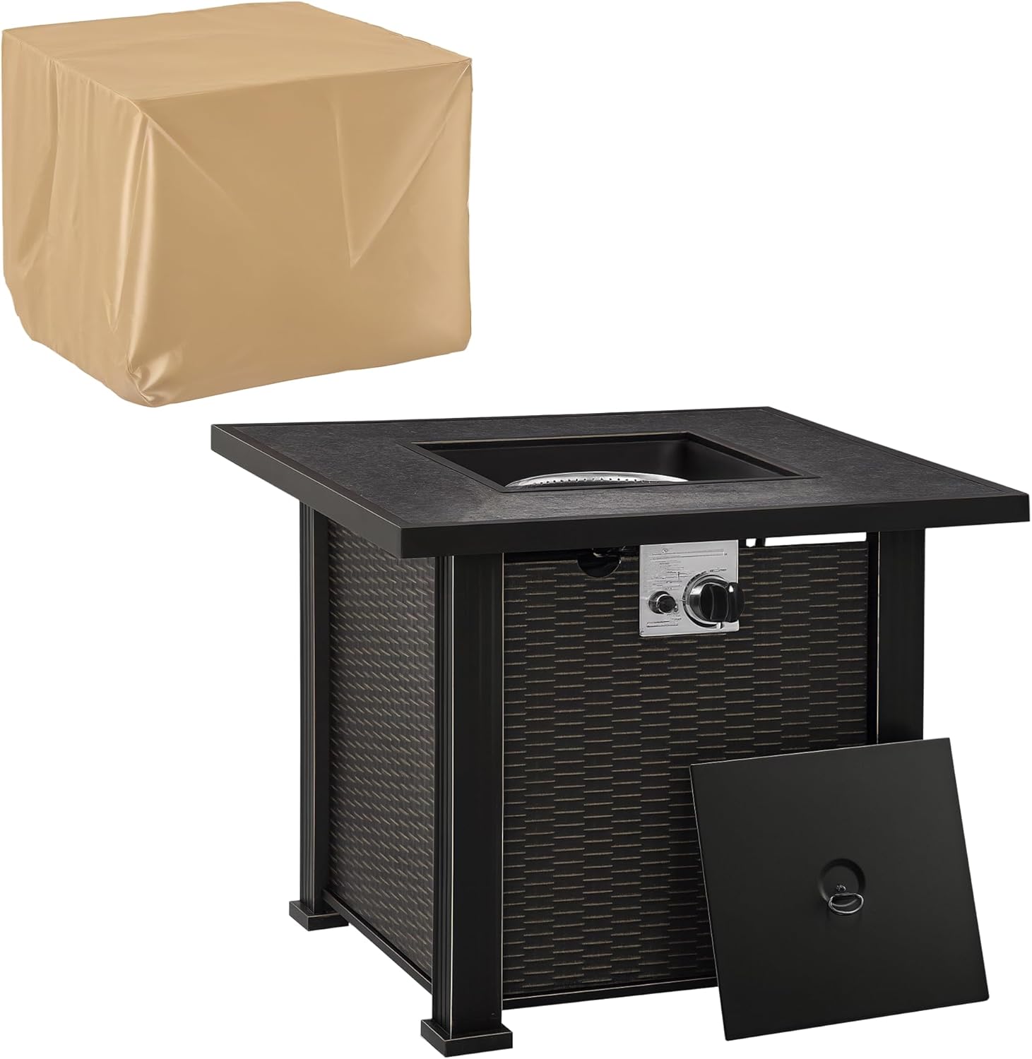 2-in-1 Fire Pit Table with Lid, 30 inch Square Outdoor Propane Fire Pit, 50,000 BTU Auto-Ignition Gas Firepit Converts to Ceramic Top Table, Includes Waterproof Cover (Black)​