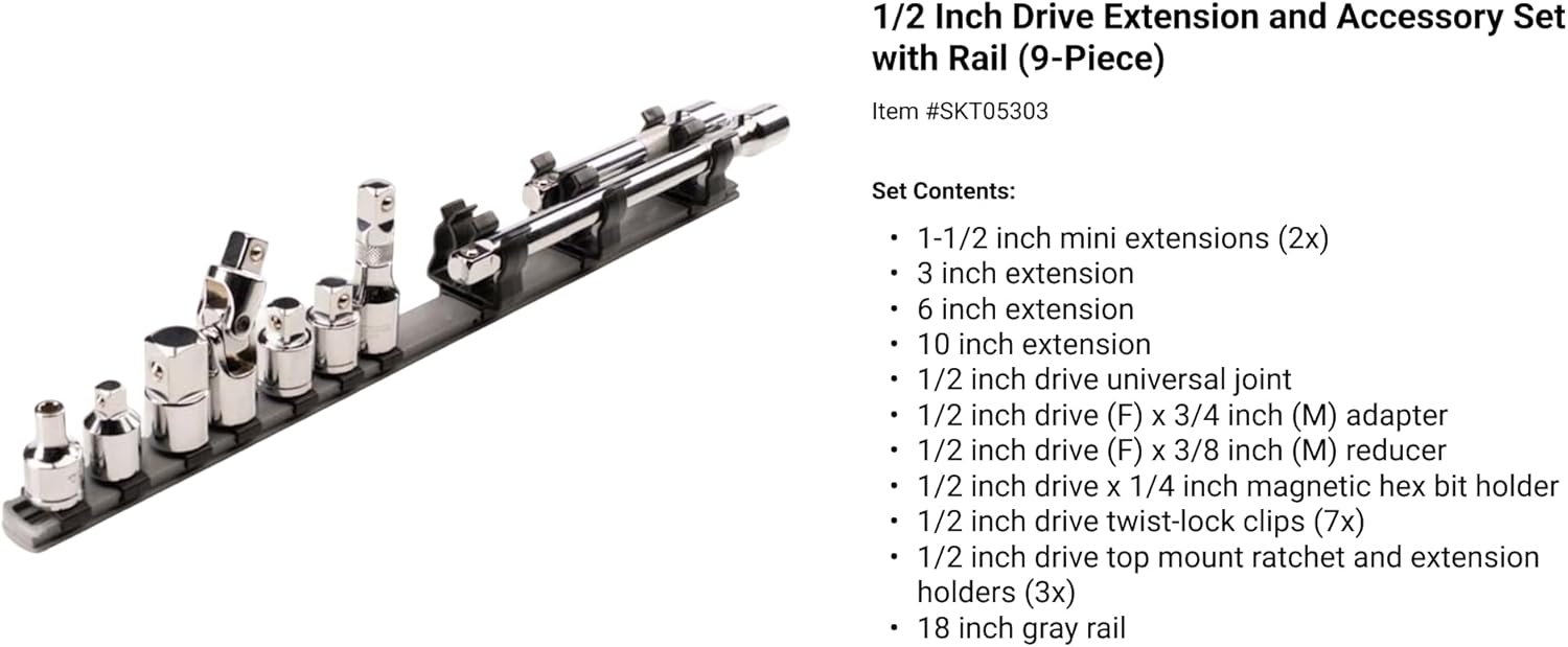 TEKTON 1/4, 3/8, 1/2 Inch Drive Extension and Accessory Set with Rails and Tray (27-Piece) | SHA99201