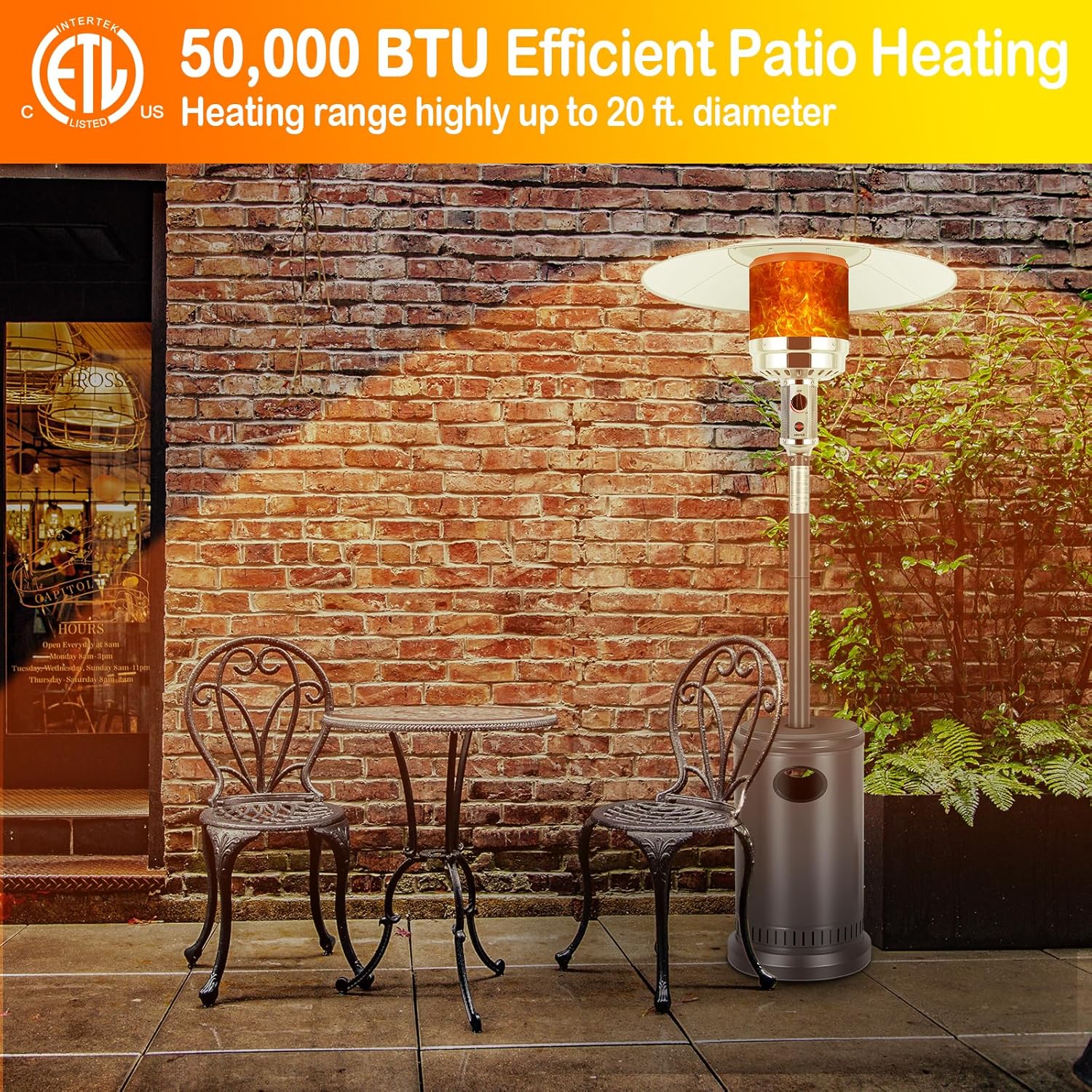 Hykolity 50,000 BTU Patio Heater with Sand Box, Table Design, Double-Layer Stainless Steel Burner, Wheels, Tip-over Protection System, Outdoor Heater for Home and Residential, Brown