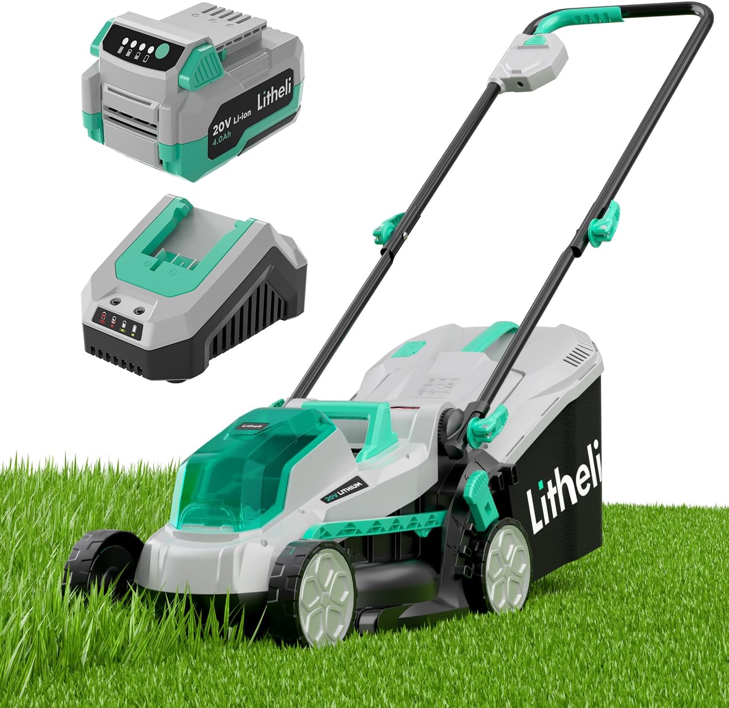 Litheli 13.1inch Electric Lawn Mower Cordless,Grass Cutter Machine for 1600 Sq.Ft.Lawnmower with Brushless Motor, 8 Gallon Capacity, Cutting Height from 1 to 2.5 in, Includes 1X4.0 Ah Battery