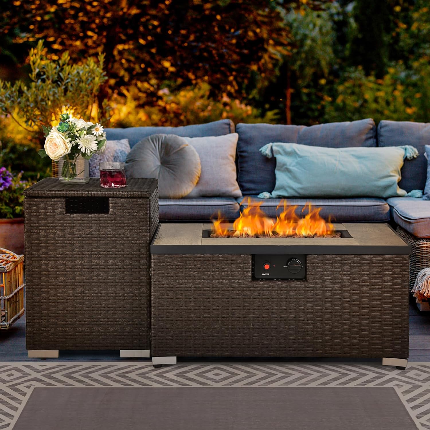 TANGZON Outdoor Fire Pit Table and Propane Tank Hideaway Table, 40,000 BTU Rattan Fire Pits with Lava Rocks, Side Handles & Waterproof Cover, Gas Tank Holder (2PCS Fire Pit & Hideaway Table Set)