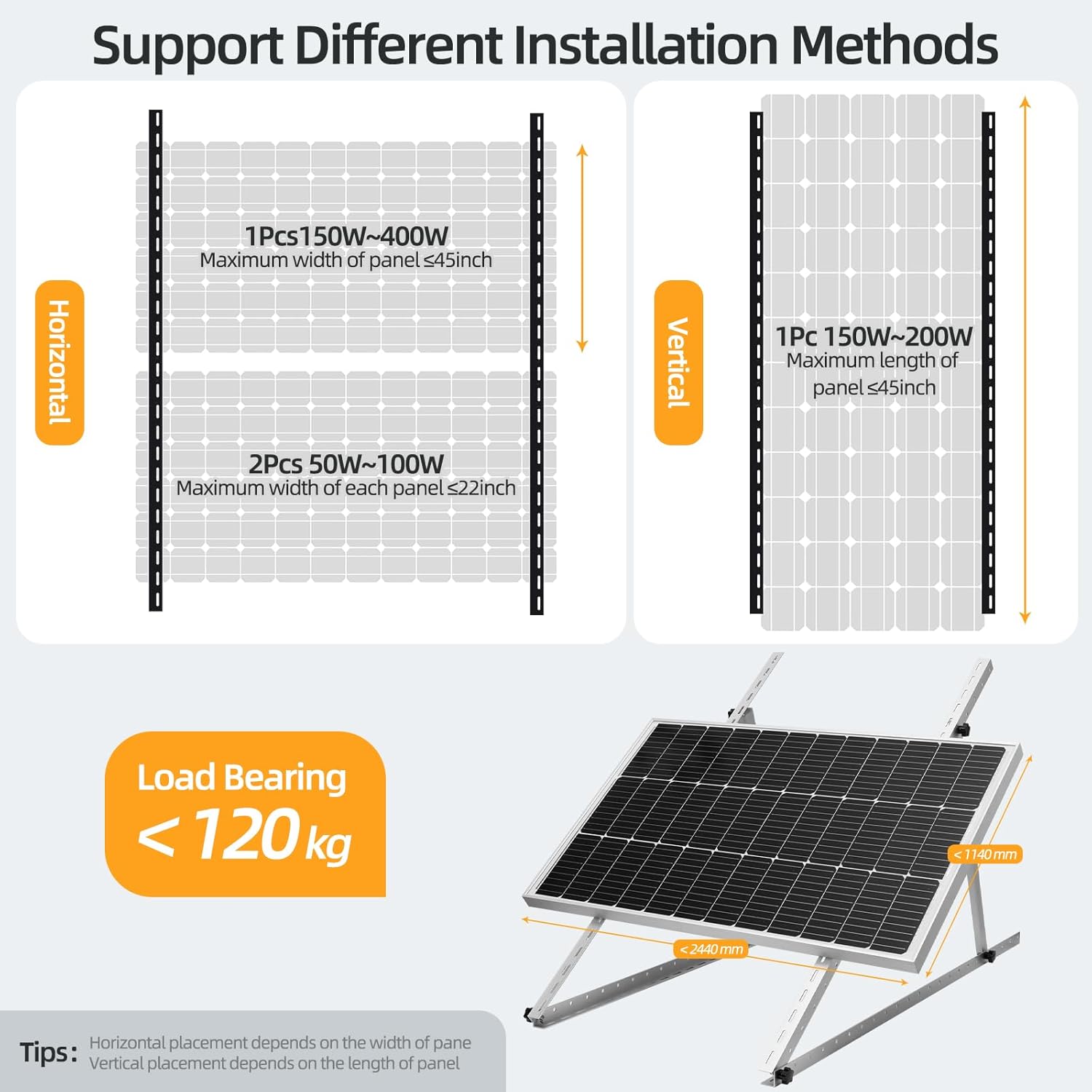 FLYING LION 2 Sets 45inch Adjustable Solar Panel Tilt Mount Brackets with Foldable Tilt Legs, Ieal for 2-4pcs 180 200 300 400 Watt Solar Panel for Roof, RV, Boat, and Off-Grid