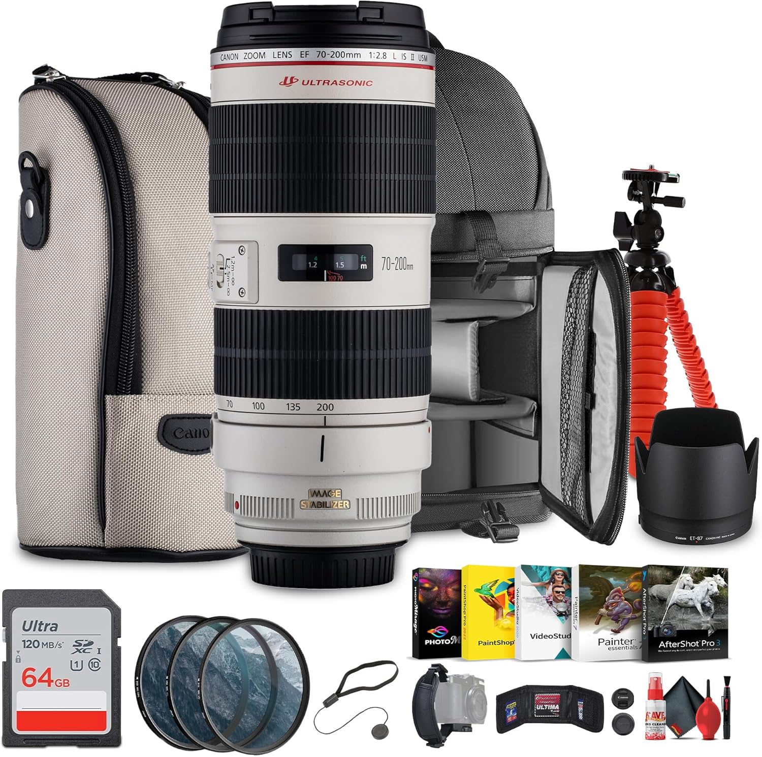 Canon EF 70-200mm f/2.8L is II USM Lens | Pro-Level Telephoto Zoom for Sports, Wildlife & Portraits (2751B002) + Sling Backpack + Photo Software + Lens Filter Kit + 64GB Memory Card + More (Renewed)