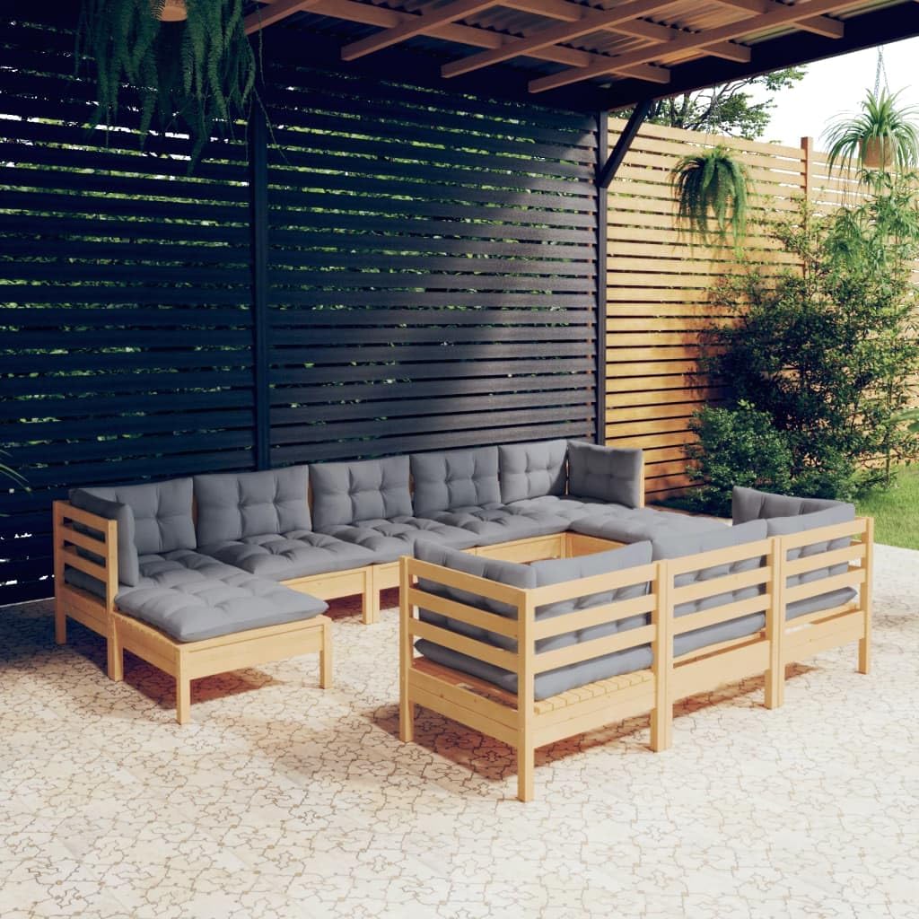 10 Piece Patio Lounge Set with Gray Cushions Solid Pinewood,Premium Pinewood Patio Lounge Set: Modular Furniture for Ultimate Relaxation Patio Furniture, Outdoor Furniture Sets