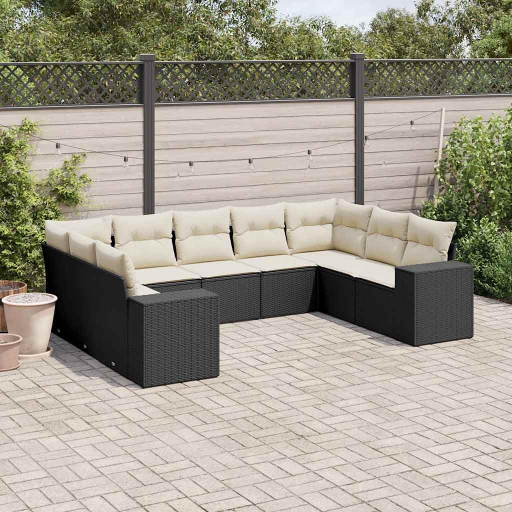 9 Piece Modular Outdoor Sofa Set Black and Cream White with Adjustable Armrests and Thick Cushions for Patio Garden Terrace Balcony Furniture