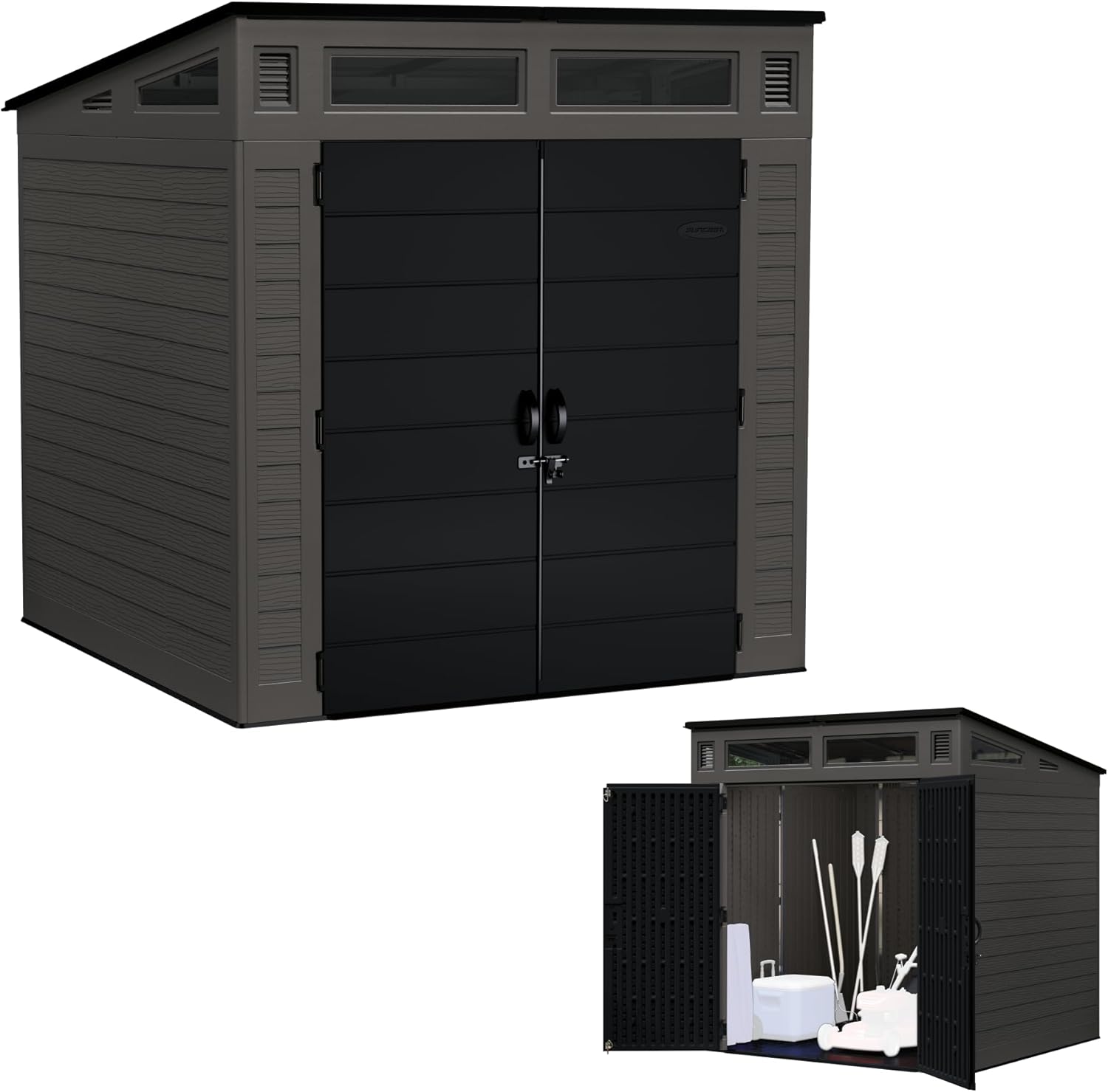 Suncast Modern Outdoor Storage Shed, 200 cu. ft. Peppercorn Resin Plastic Shed for Lawn Mower, Bikes, Utility Tools, Patio, & Yard. Weatherproof & Lockable Modern Sheds & Outdoor Storage, Made in USA