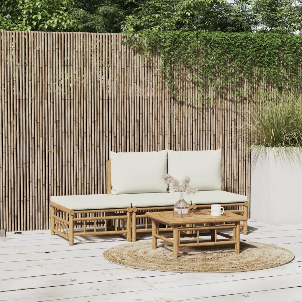 4 Piece Patio Lounge Set with Cream White Cushions Bamboo,Naturally-derived Bamboo Patio Lounge Set: Comfortable Outdoor Seating for Your Garden Furniture Sets for Patio, Lawn & Garden