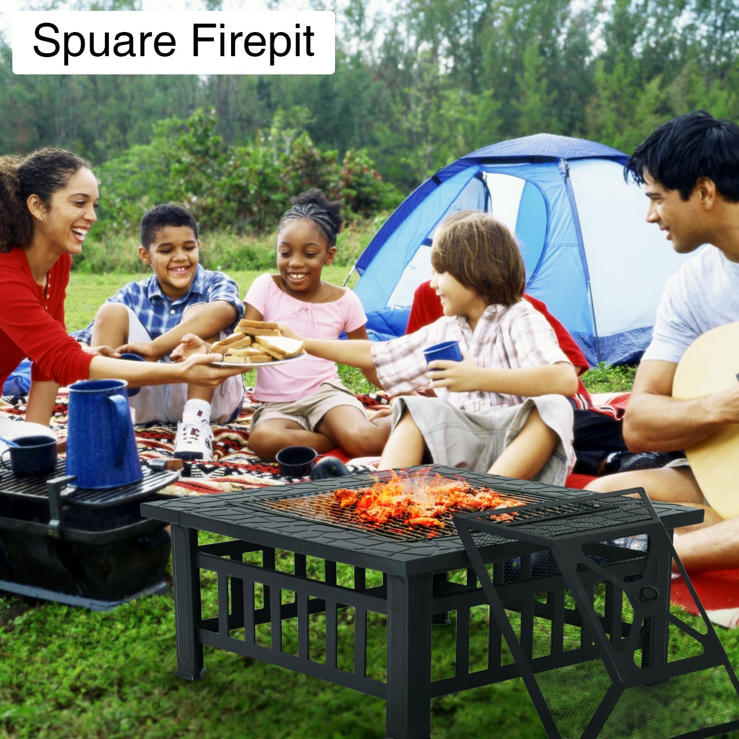 Square Metal Fire Pit Table with BBQ Charcoal Rack, Poker & Mesh Cover – Outdoor Wood Burning Fireplace for Patio, Garden, Camping, Picnics & Backyard Bonfires